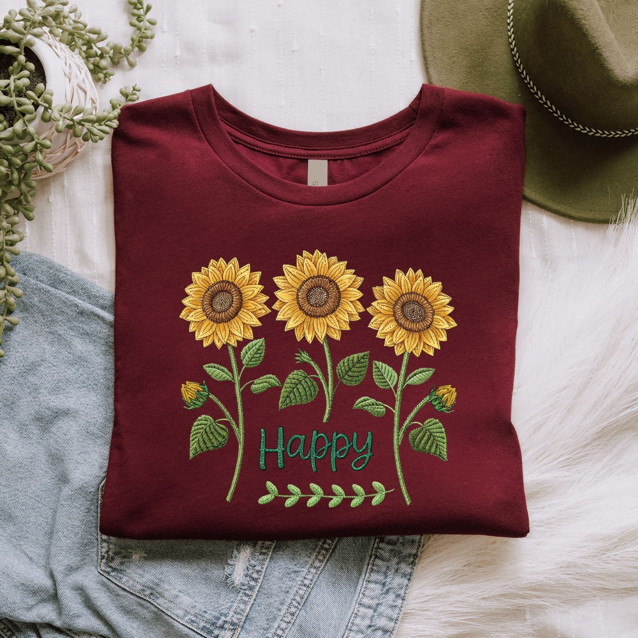 Happy Sunflower Shirt, Embroidery Style Floral Tee, Botanical Garden Gift, Joyful Nature Shirt for Her - Craig Michael Design