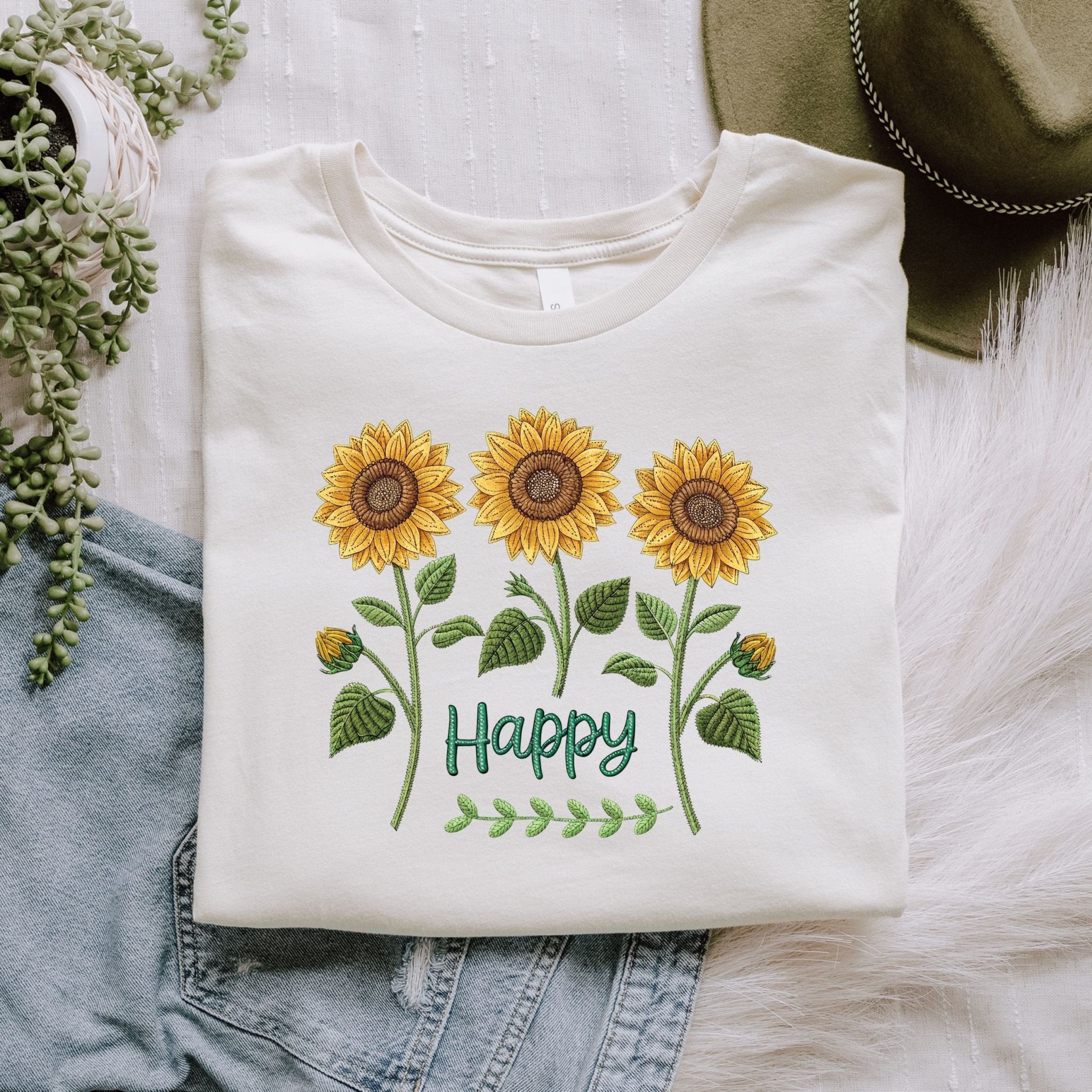 Happy Sunflower Shirt, Embroidery Style Floral Tee, Botanical Garden Gift, Joyful Nature Shirt for Her - Craig Michael Design