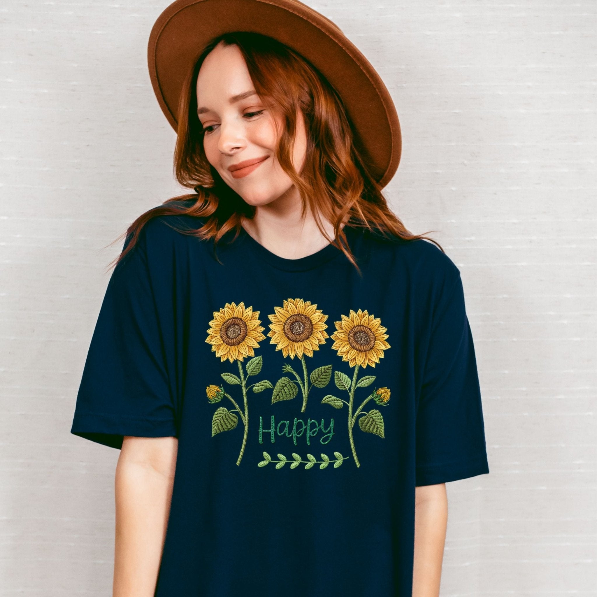 Happy Sunflower Shirt, Embroidery Style Floral Tee, Botanical Garden Gift, Joyful Nature Shirt for Her - Craig Michael Design
