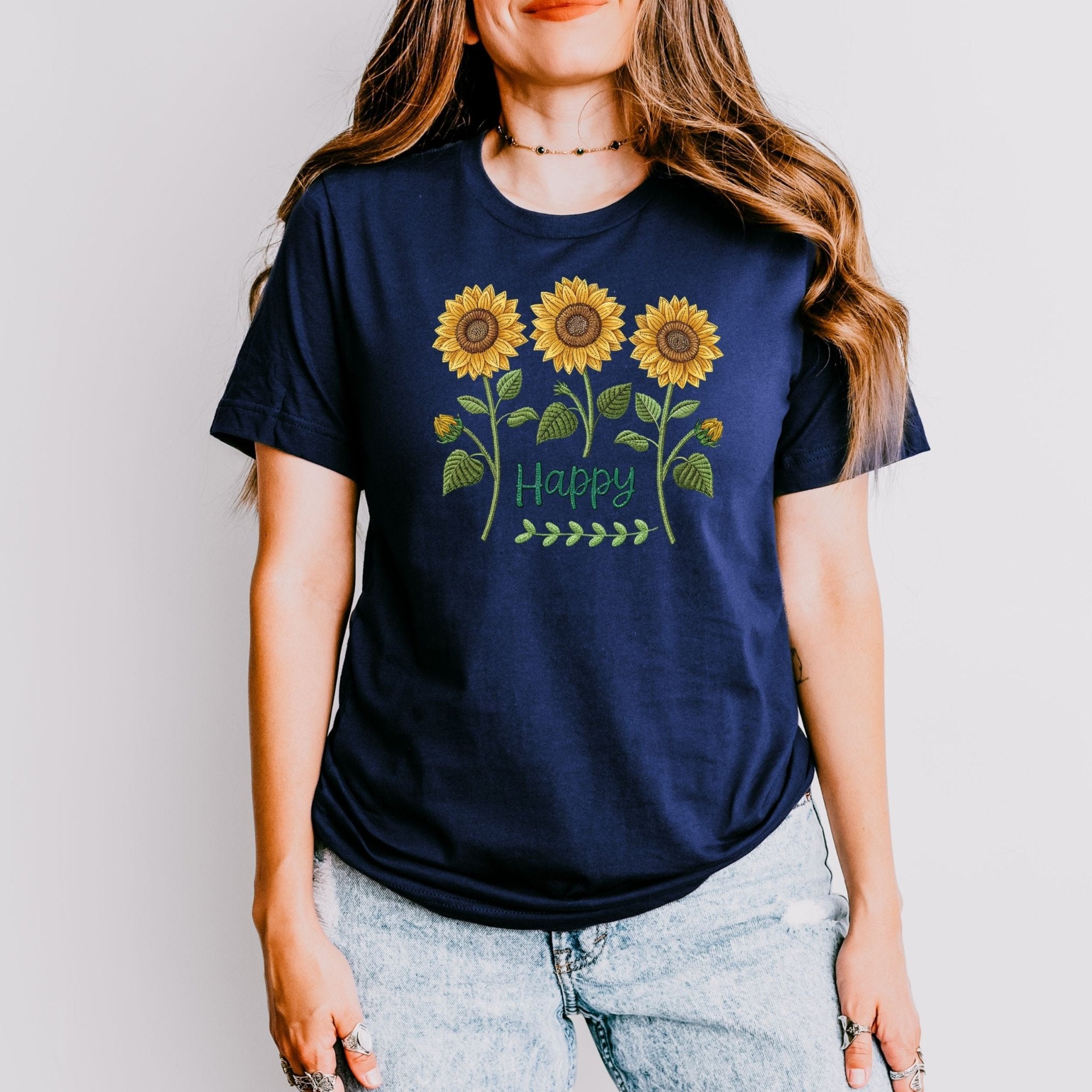 Happy Sunflower Shirt, Embroidery Style Floral Tee, Botanical Garden Gift, Joyful Nature Shirt for Her - Craig Michael Design