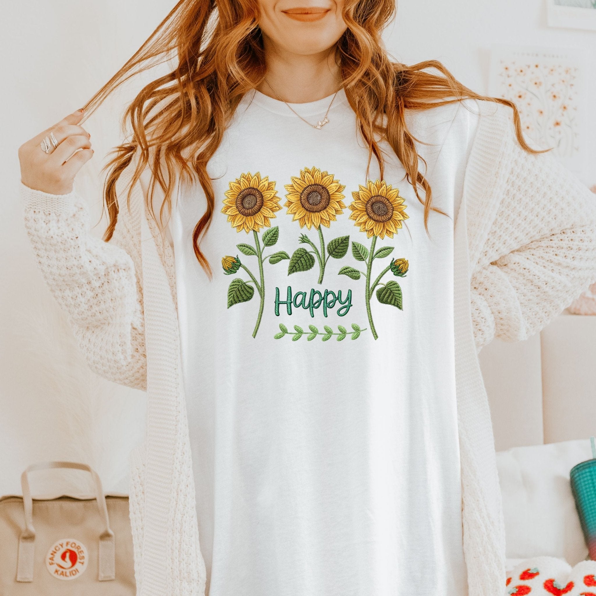 Happy Sunflower Shirt, Embroidery Style Floral Tee, Botanical Garden Gift, Joyful Nature Shirt for Her - Craig Michael Design