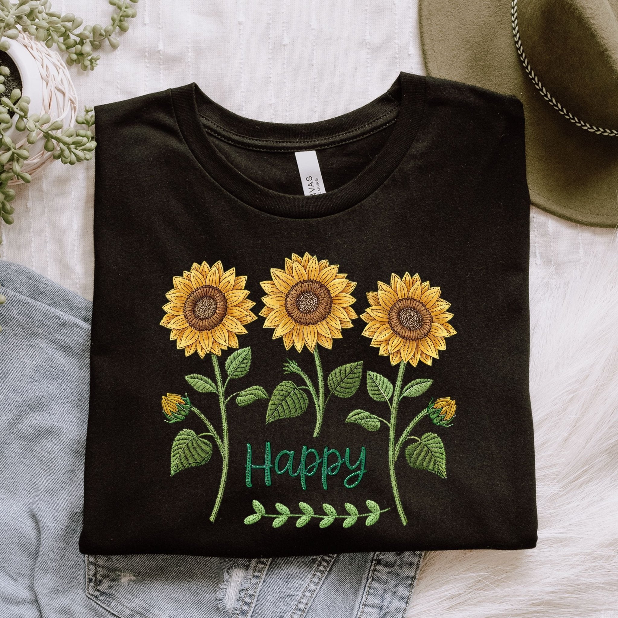 Happy Sunflower Shirt, Embroidery Style Floral Tee, Botanical Garden Gift, Joyful Nature Shirt for Her - Craig Michael Design