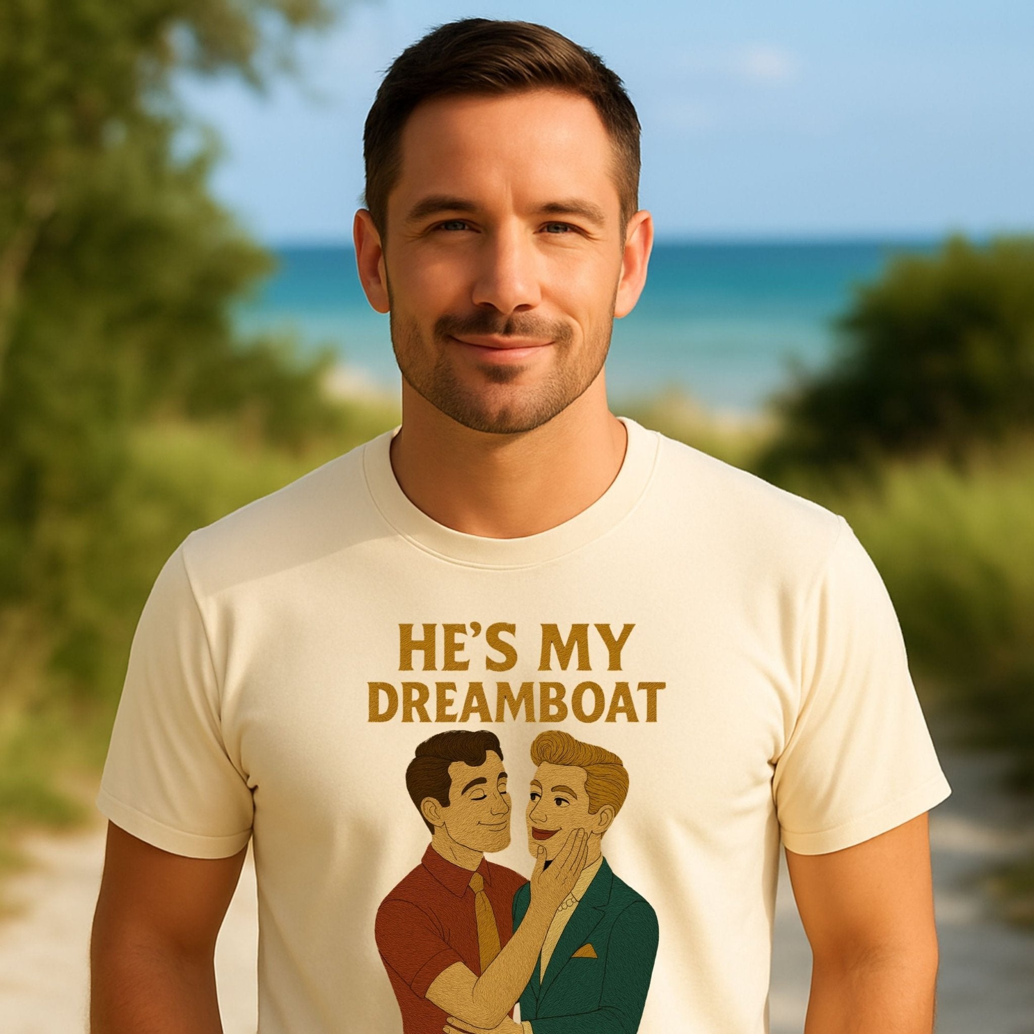 He’s My Dreamboat Shirt – 1950s Gay Couple T-Shirt, Embroidered Style Queer Romance Tee - Craig Michael Design