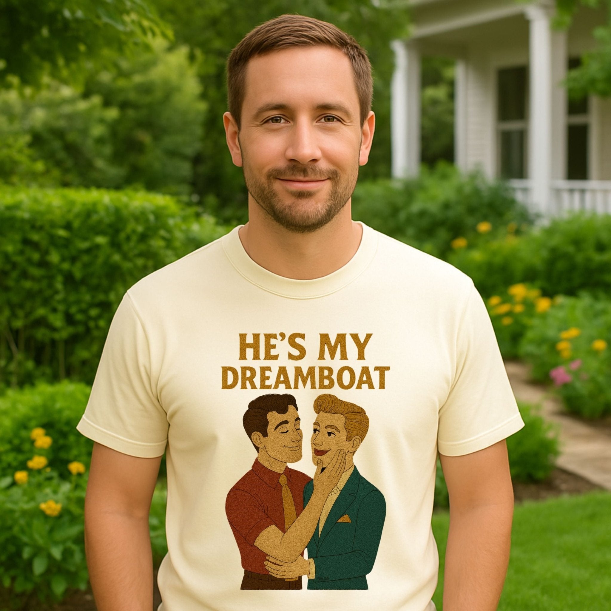 He’s My Dreamboat Shirt – 1950s Gay Couple T-Shirt, Embroidered Style Queer Romance Tee - Craig Michael Design