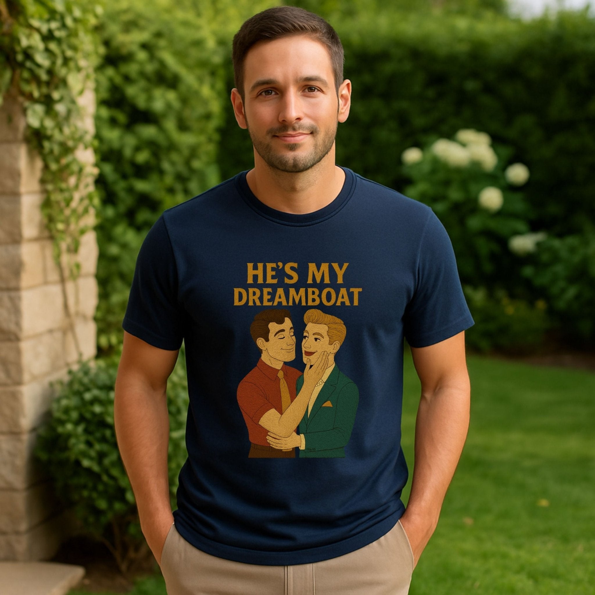 He’s My Dreamboat Shirt – 1950s Gay Couple T-Shirt, Embroidered Style Queer Romance Tee - Craig Michael Design