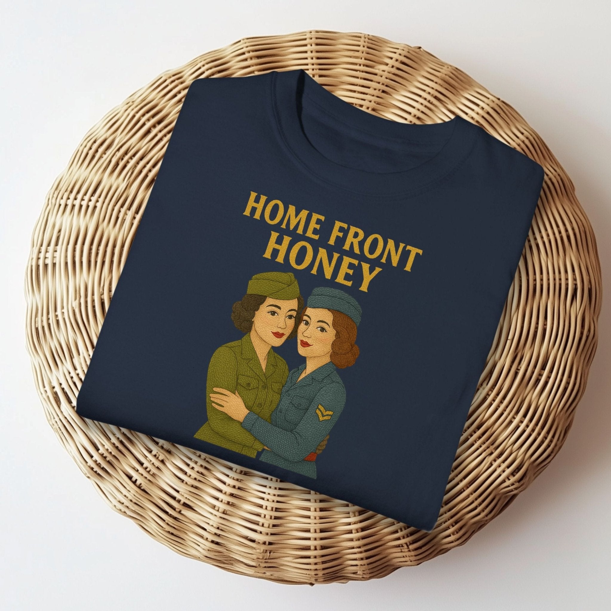 Homefront Honey Tee, 1940s Lesbian Couple T-Shirt, Embroidered Style Retro Sapphic Gift, Queer Wartime Pride Shirt for Her - Craig Michael Design