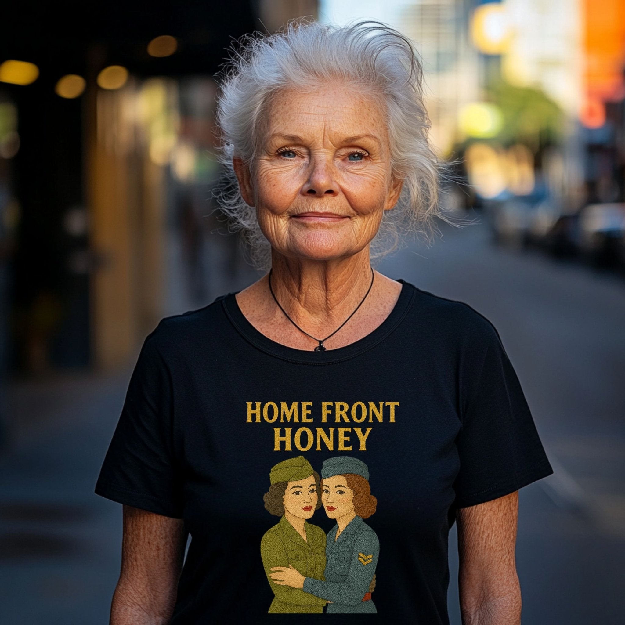 Homefront Honey Tee, 1940s Lesbian Couple T-Shirt, Embroidered Style Retro Sapphic Gift, Queer Wartime Pride Shirt for Her - Craig Michael Design