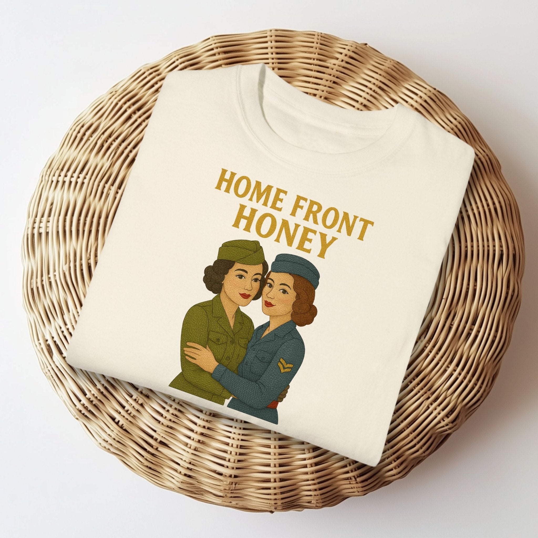 Homefront Honey Tee, 1940s Lesbian Couple T-Shirt, Embroidered Style Retro Sapphic Gift, Queer Wartime Pride Shirt for Her - Craig Michael Design