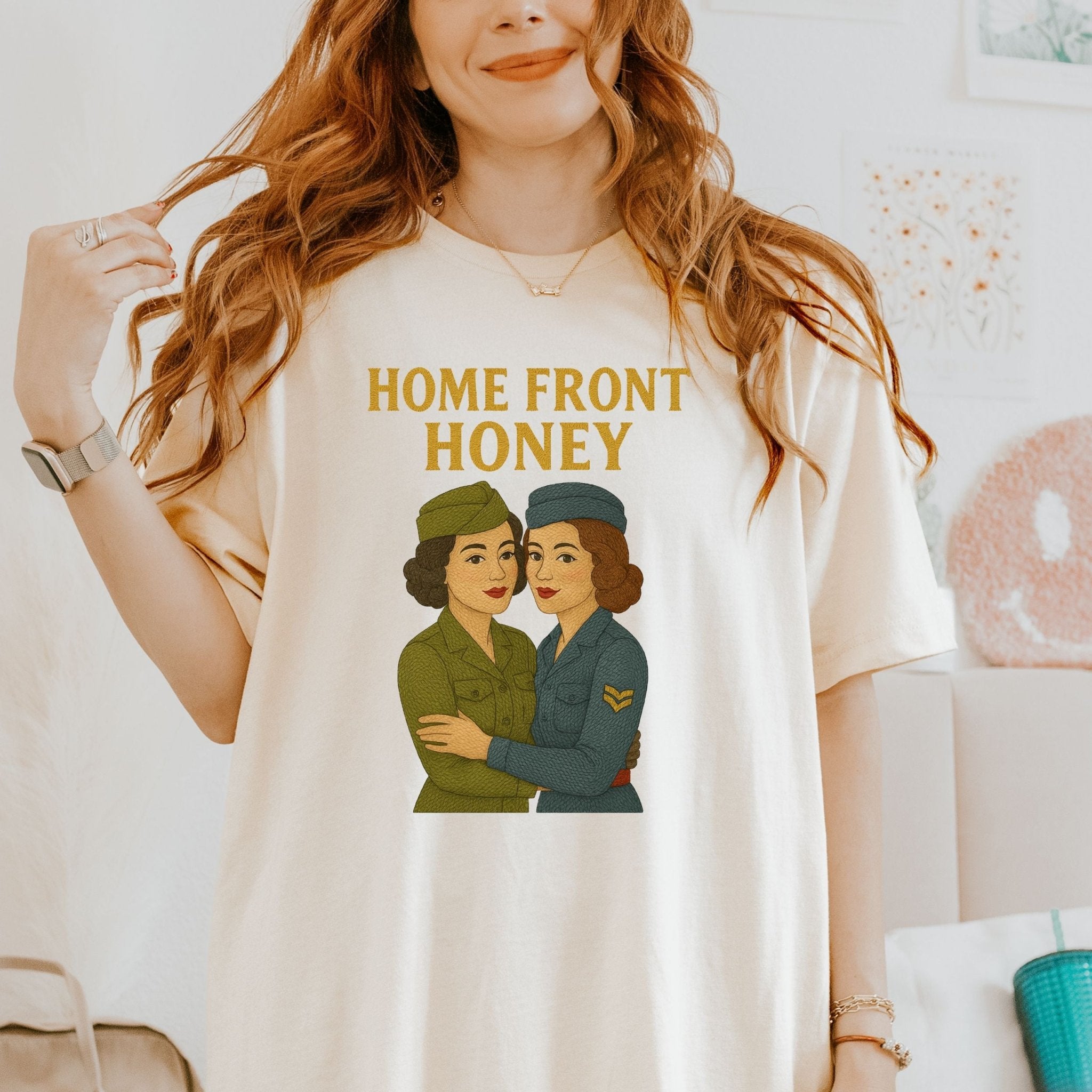Homefront Honey Tee, 1940s Lesbian Couple T-Shirt, Embroidered Style Retro Sapphic Gift, Queer Wartime Pride Shirt for Her - Craig Michael Design