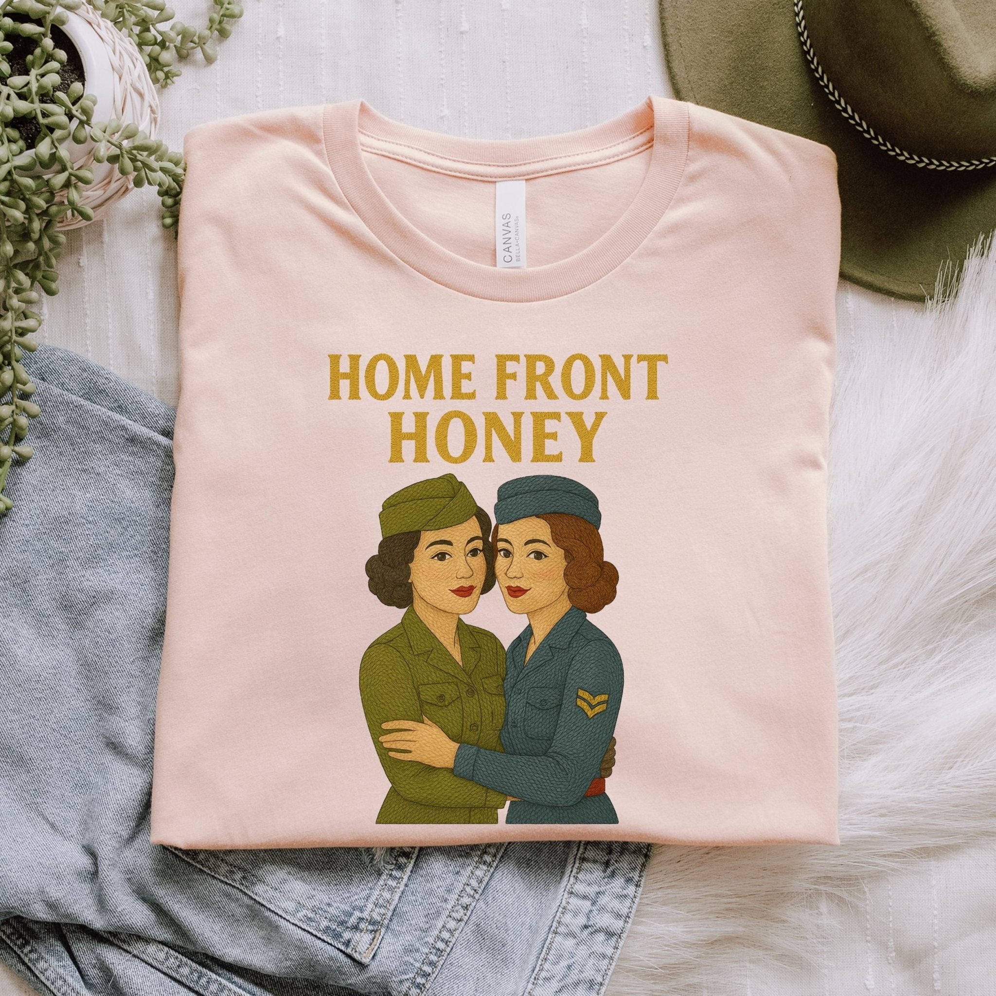 Homefront Honey Tee, 1940s Lesbian Couple T-Shirt, Embroidered Style Retro Sapphic Gift, Queer Wartime Pride Shirt for Her - Craig Michael Design