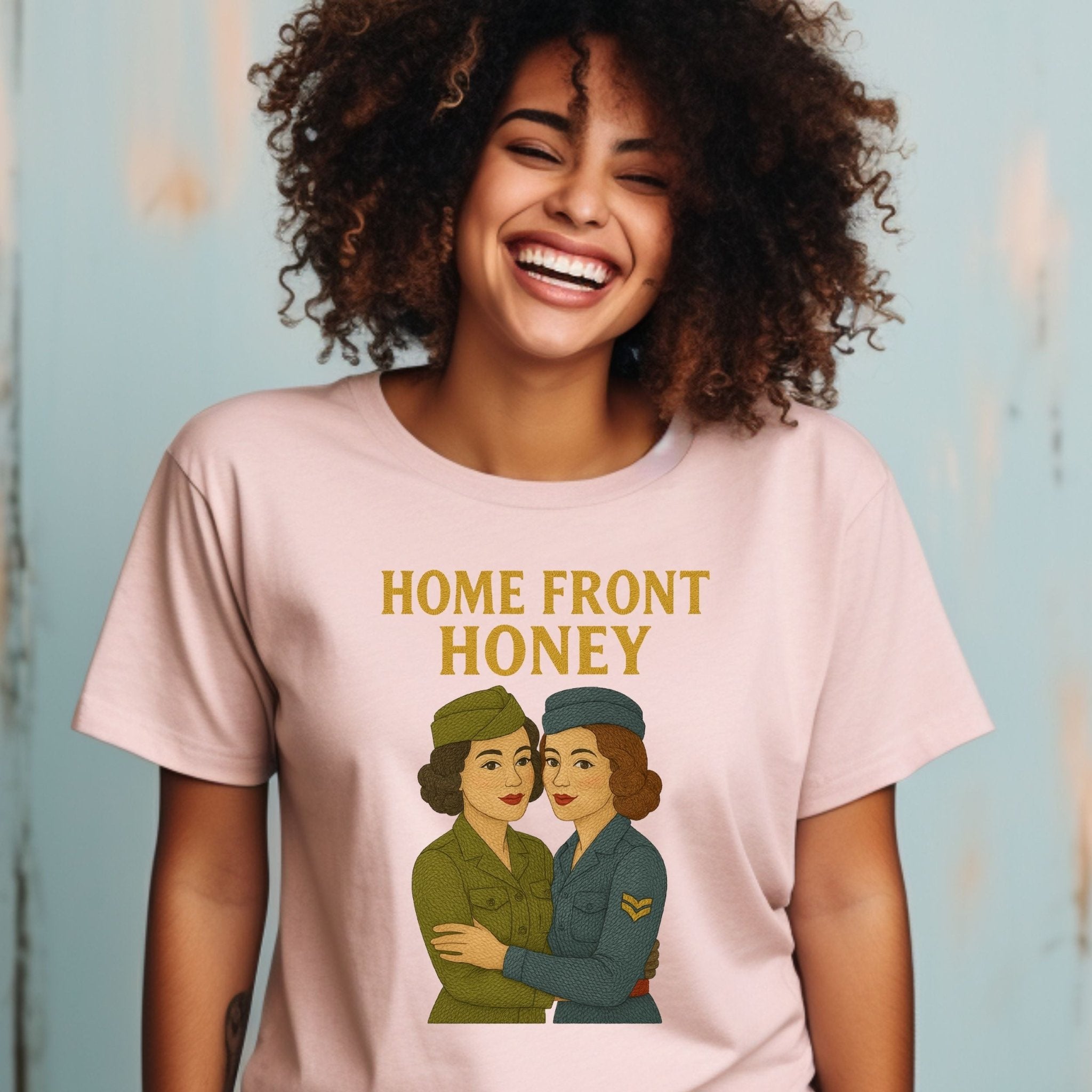 Homefront Honey Tee, 1940s Lesbian Couple T-Shirt, Embroidered Style Retro Sapphic Gift, Queer Wartime Pride Shirt for Her - Craig Michael Design