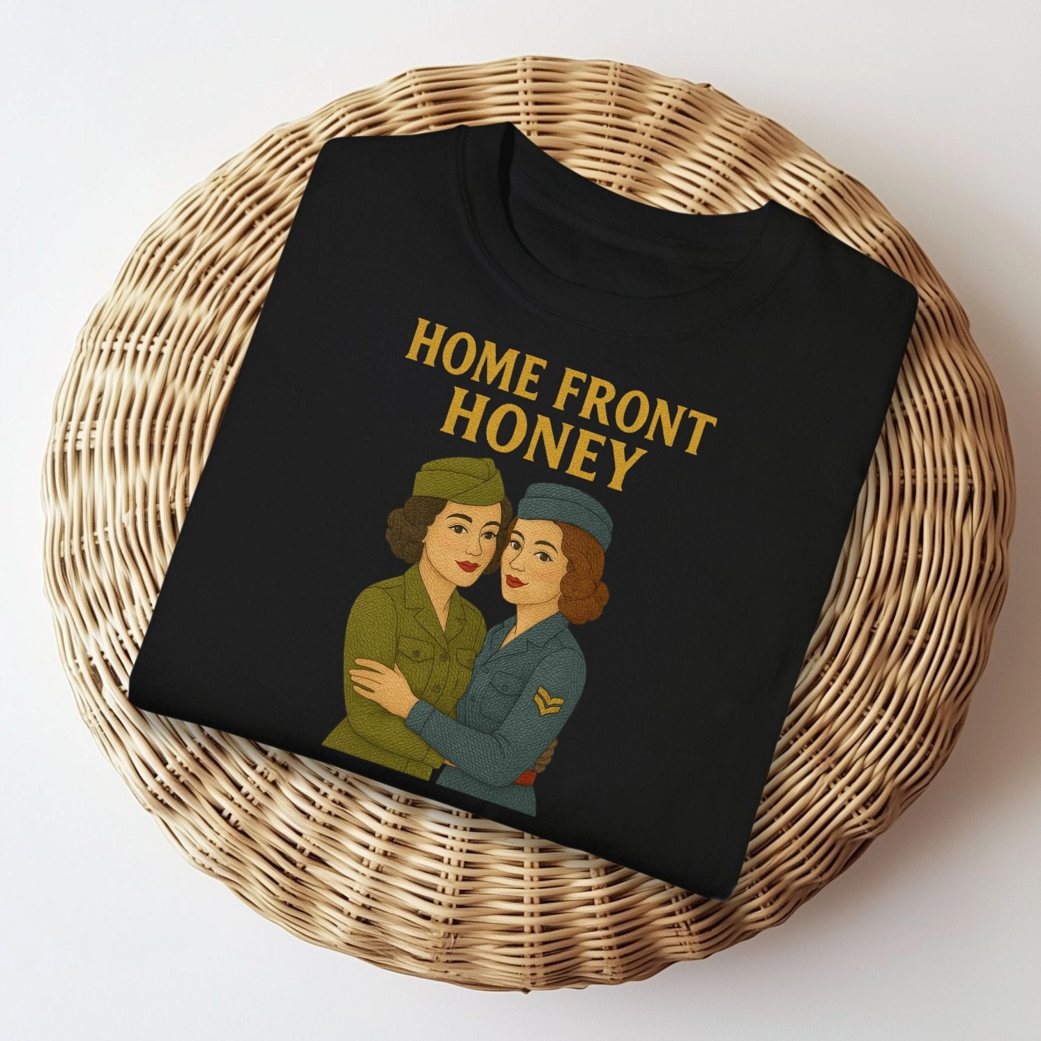 Homefront Honey Tee, 1940s Lesbian Couple T-Shirt, Embroidered Style Retro Sapphic Gift, Queer Wartime Pride Shirt for Her - Craig Michael Design