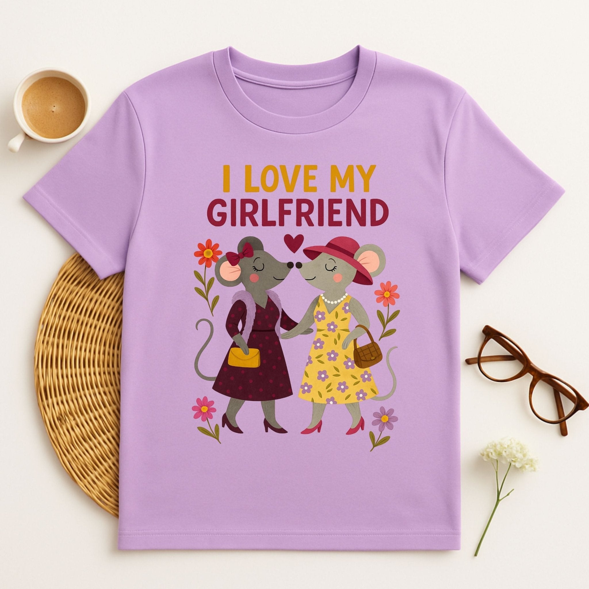 I Love My Girlfriend Cute Mouse Couple Flowers Art T-Shirt - Craig Michael Design