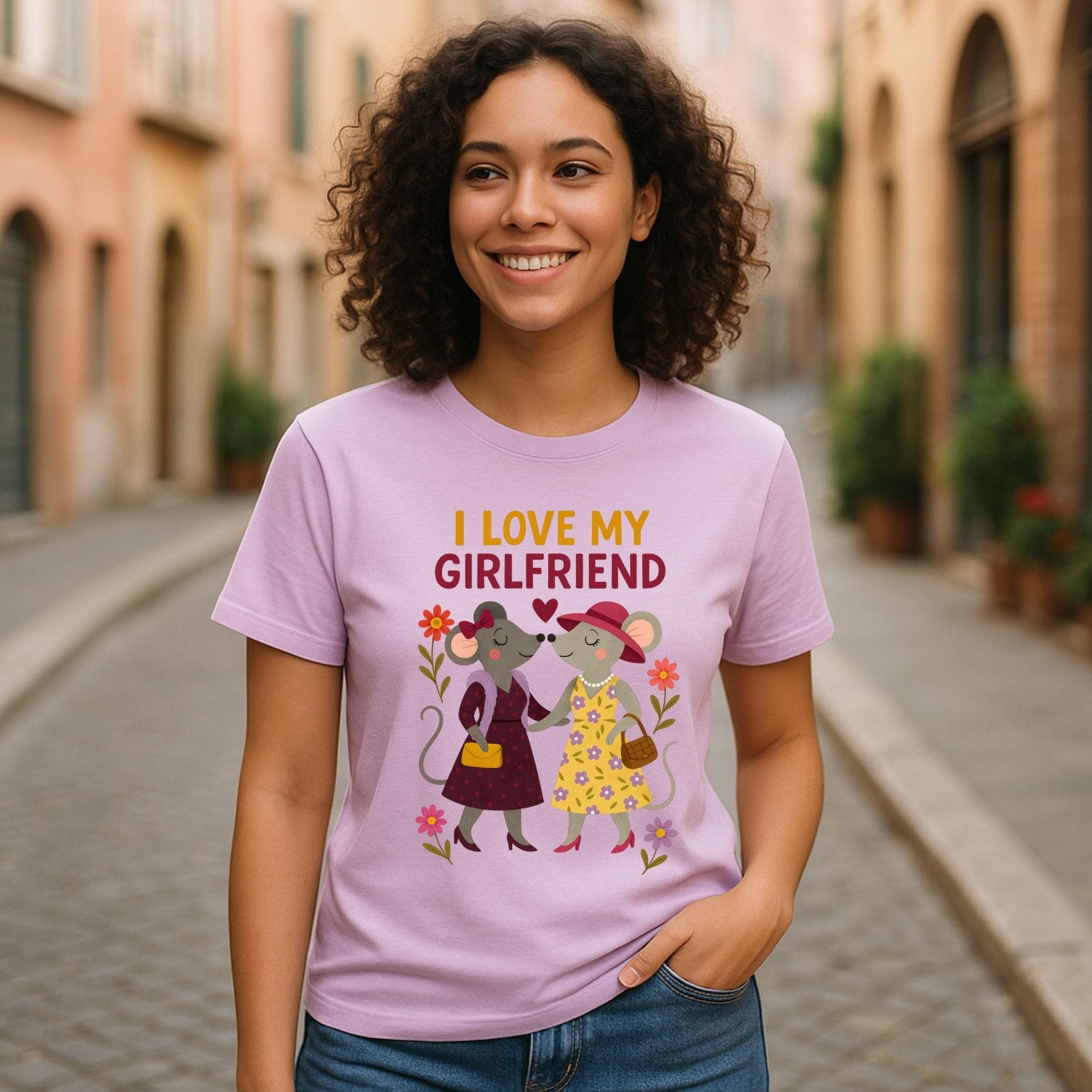 I Love My Girlfriend Cute Mouse Couple Flowers Art T-Shirt - Craig Michael Design