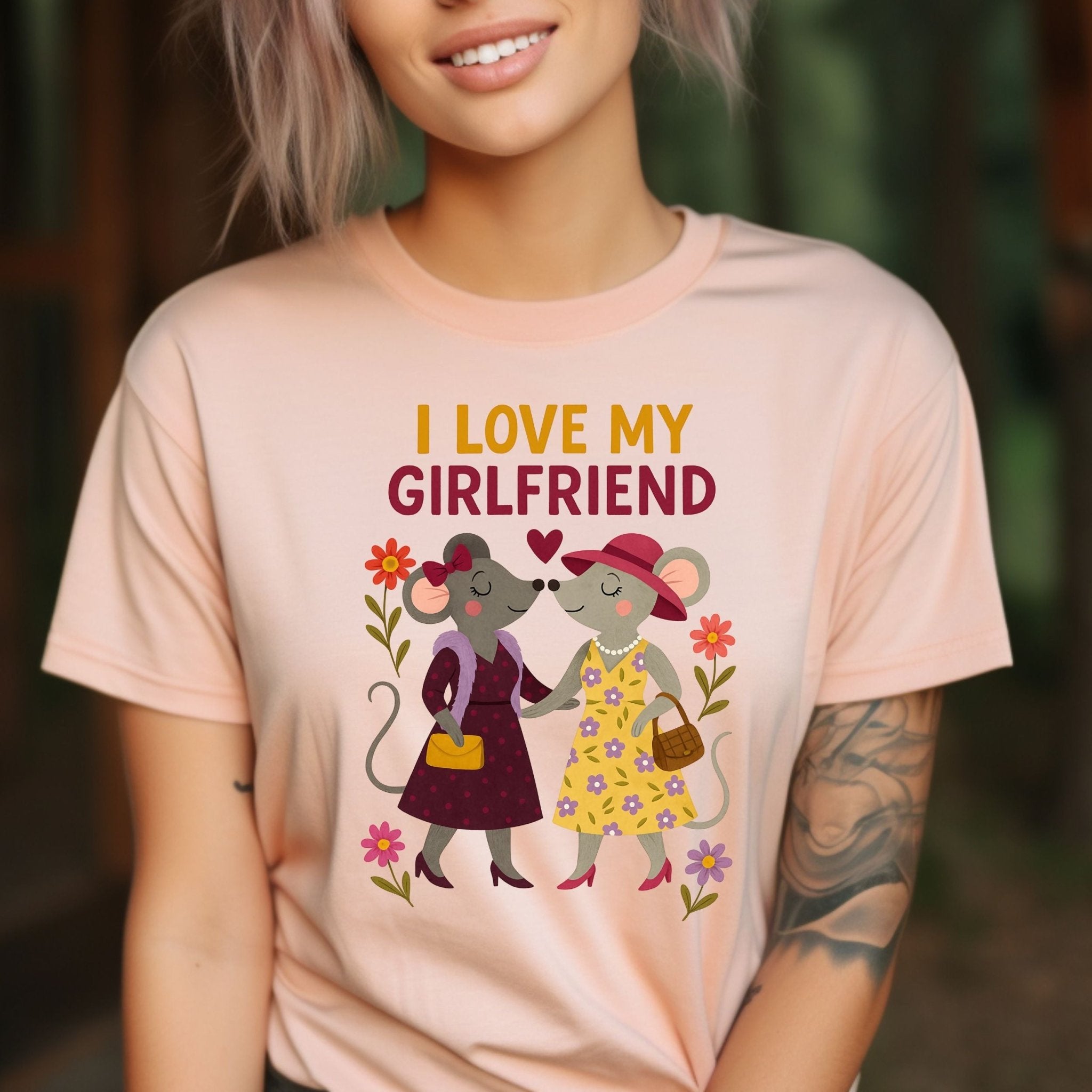 I Love My Girlfriend Cute Mouse Couple Flowers Art T-Shirt - Craig Michael Design