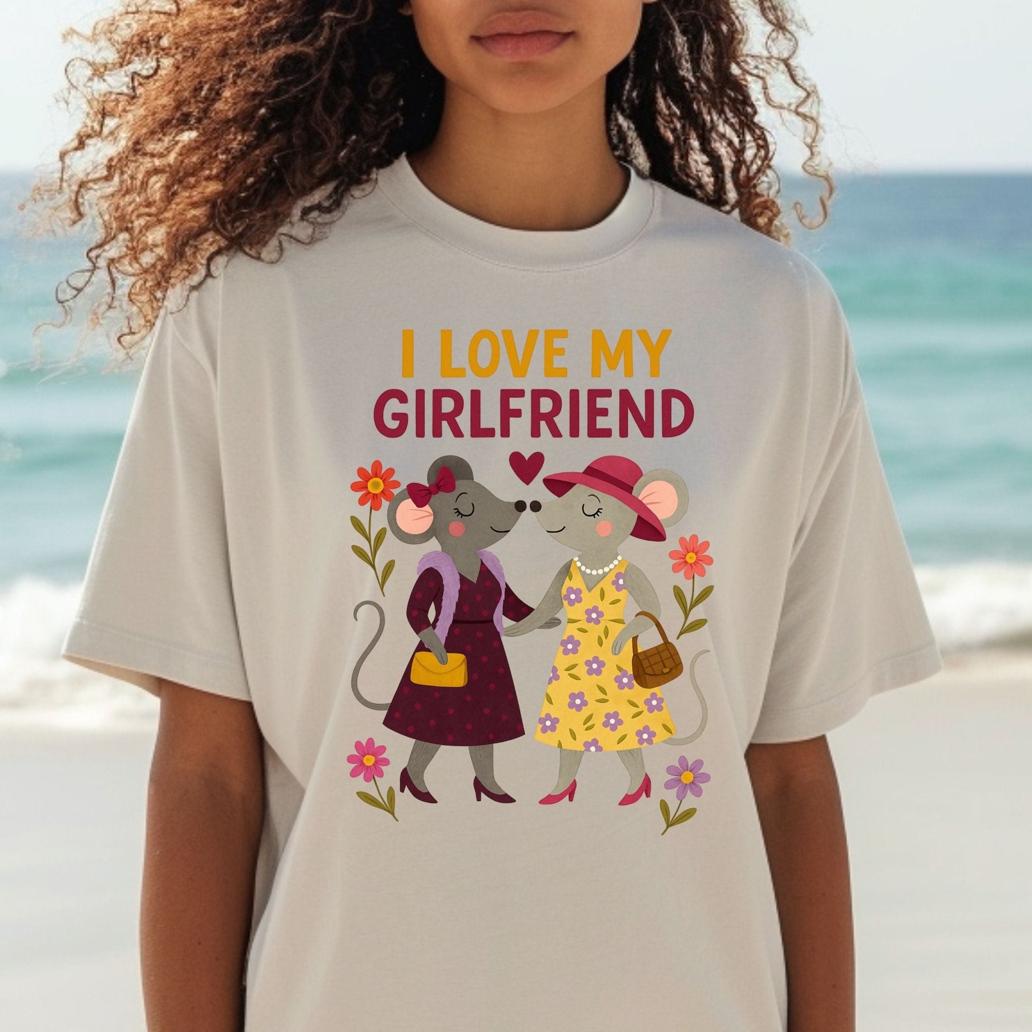I Love My Girlfriend Cute Mouse Couple Flowers Art T-Shirt - Craig Michael Design