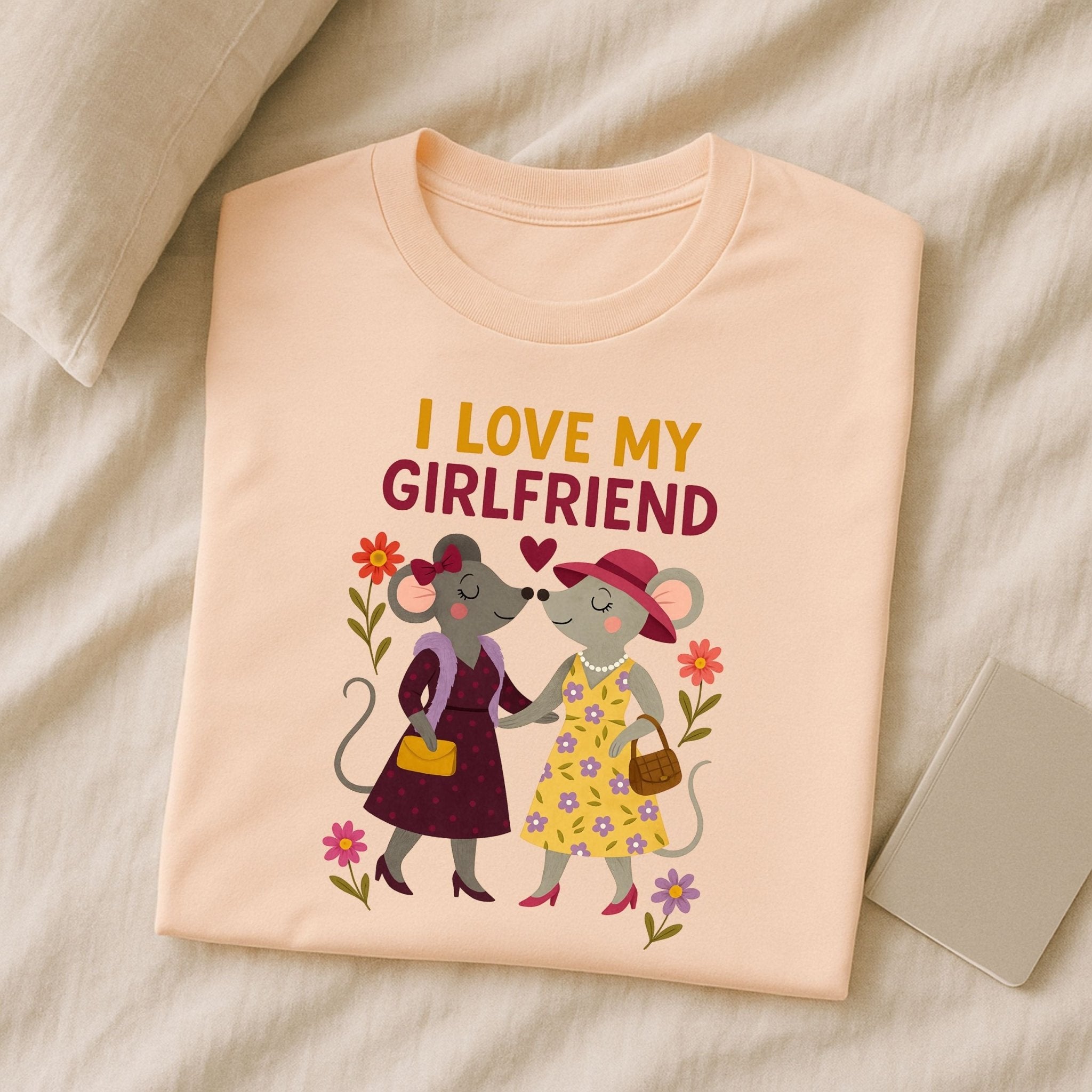 I Love My Girlfriend Cute Mouse Couple Flowers Art T-Shirt - Craig Michael Design