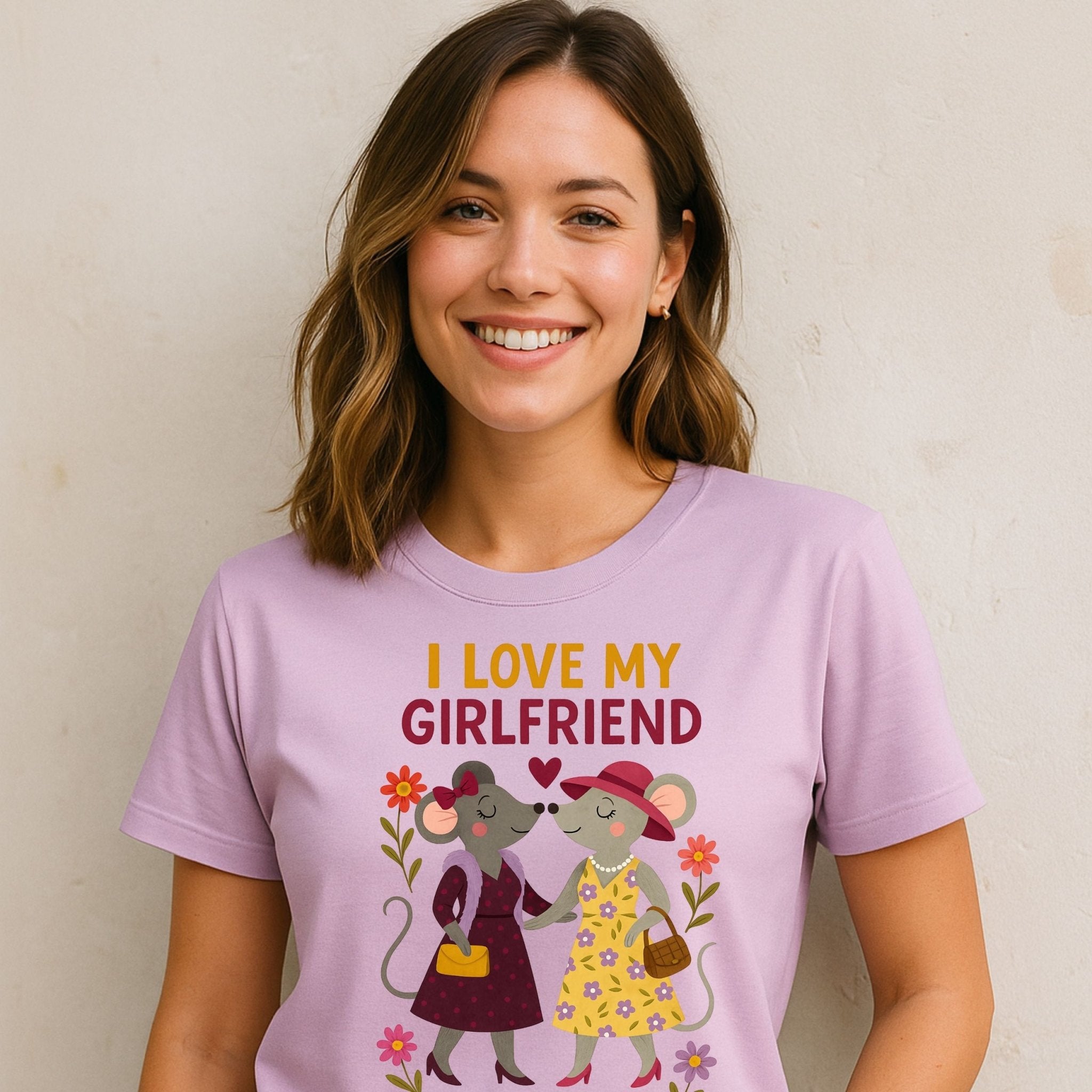 I Love My Girlfriend Cute Mouse Couple Flowers Art T-Shirt - Craig Michael Design