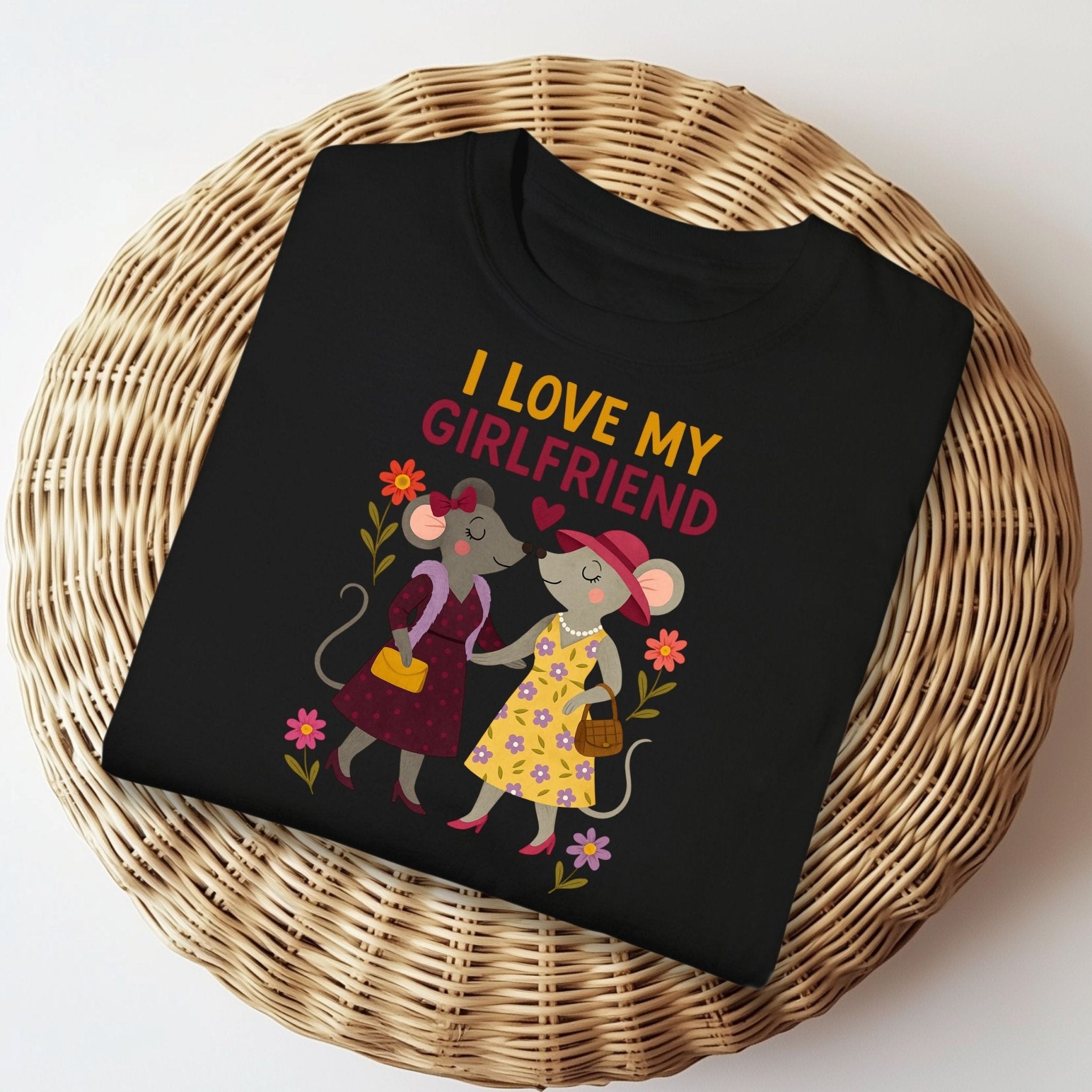 I Love My Girlfriend Cute Mouse Couple Flowers Art T-Shirt - Craig Michael Design