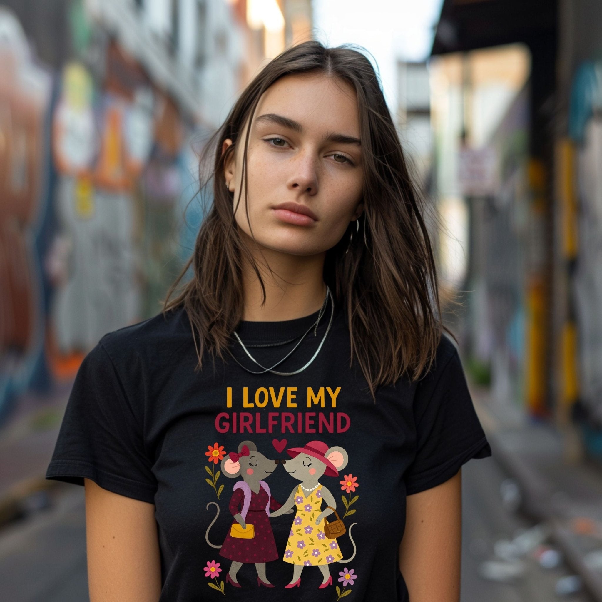 I Love My Girlfriend Cute Mouse Couple Flowers Art T-Shirt - Craig Michael Design