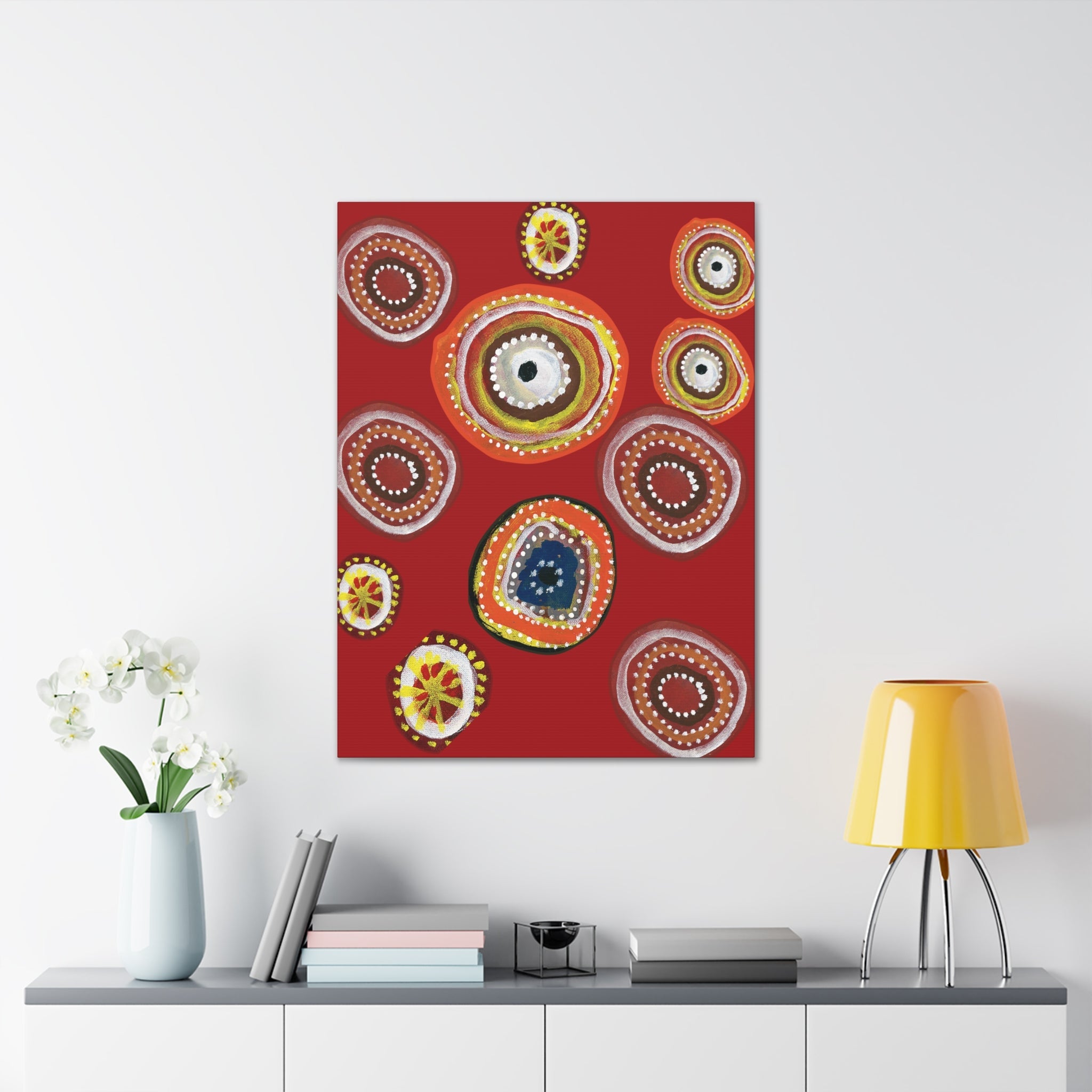 Indigenous Australian Dot Painting Canvas Art, Aboriginal Inspired Wall Décor, Traditional Cultural Artwork, Red Background Canvas - Craig Michael Design