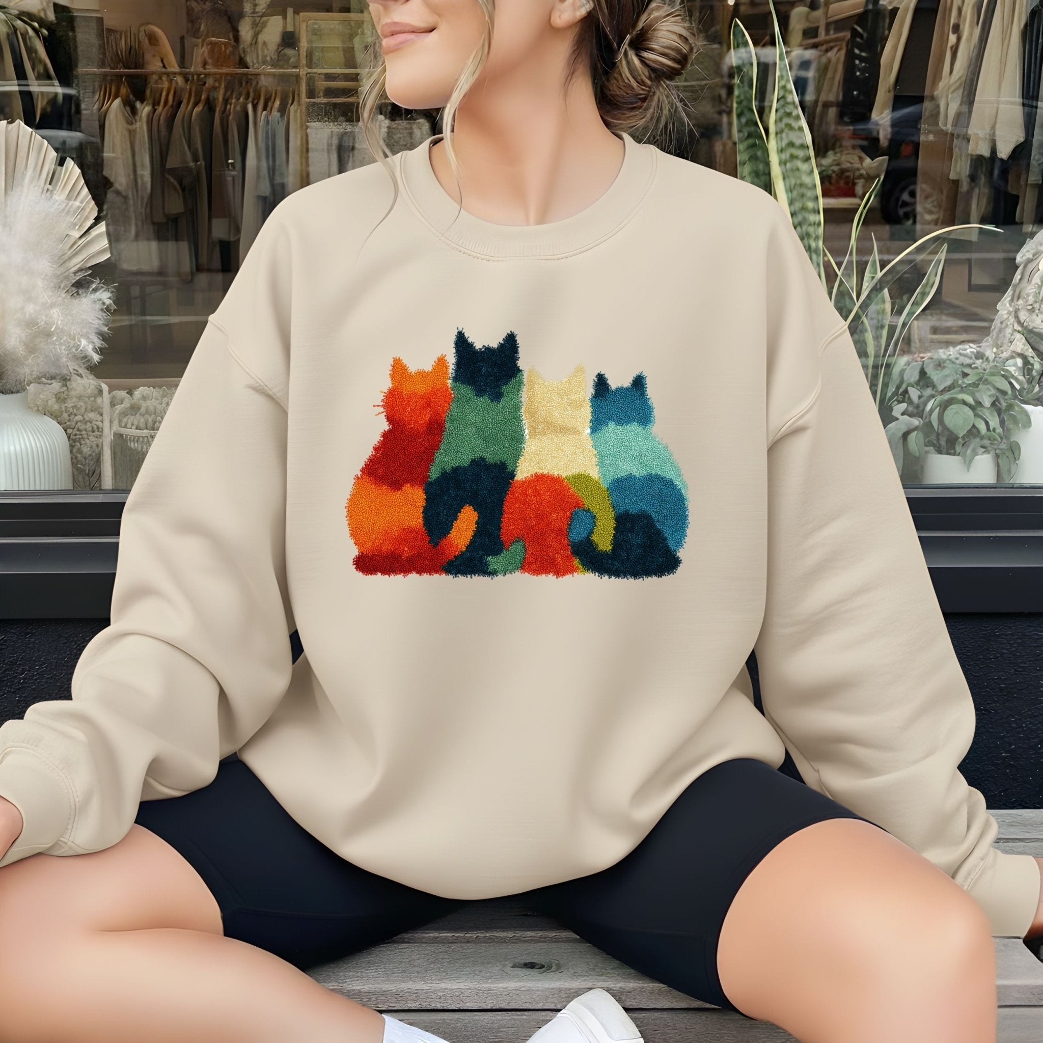 Latch Hook Cat Sweatshirt, Cozy Cat Lover Gift, Embroidered - Style Cat Mom Sweater, Cute Furry Cats Pullover, Women’s Cat Shirt - Craig Michael Design
