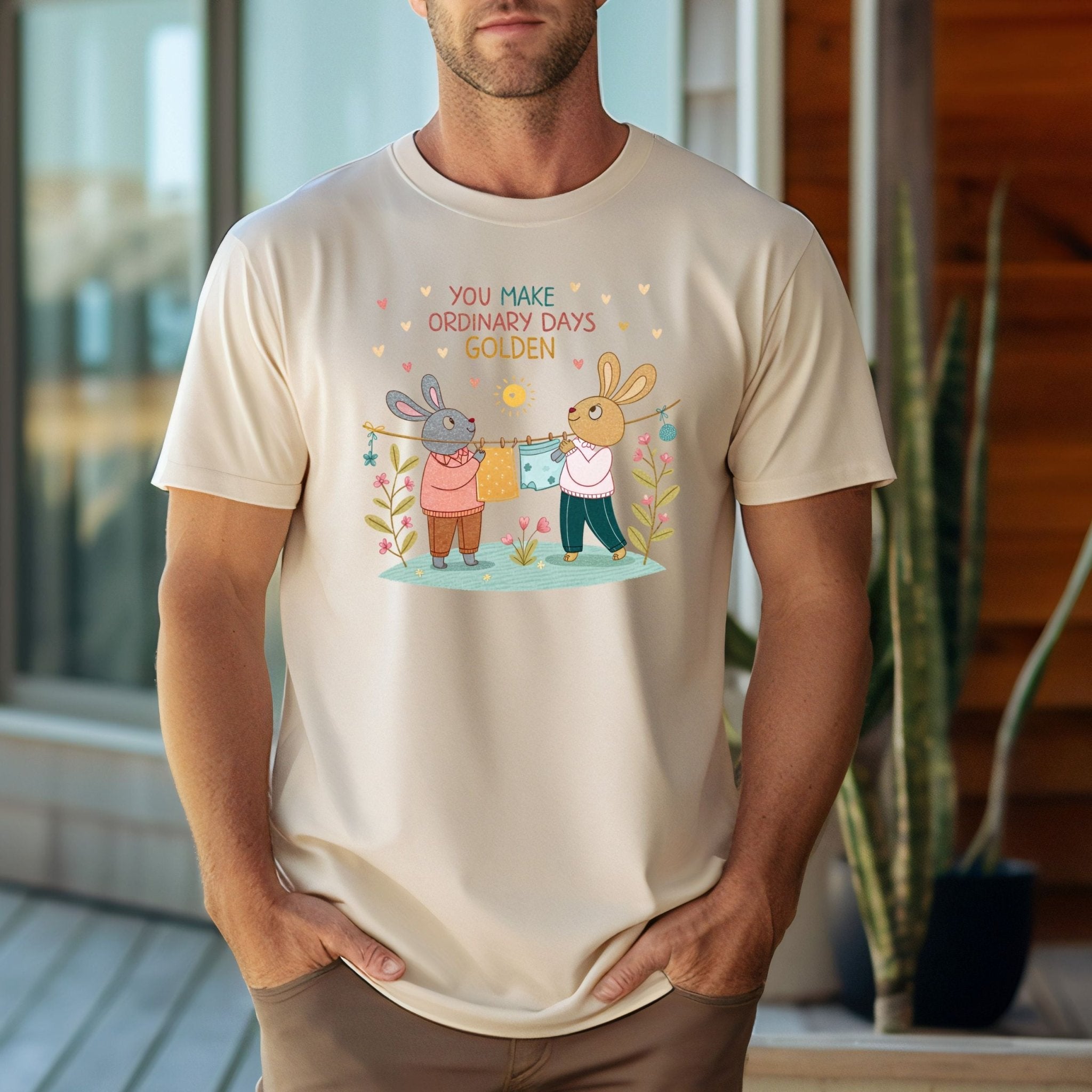 LGBTQ Cottagecore Gay Bunny T-Shirt, Embroidered Style Queer Couple Tee, Sweet Gift for Partners or Boyfriends, Golden Days Design - Craig Michael Design