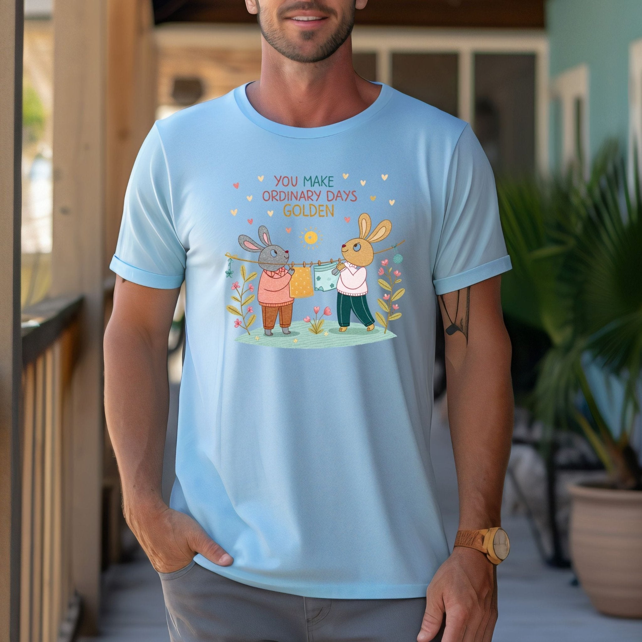 LGBTQ Cottagecore Gay Bunny T-Shirt, Embroidered Style Queer Couple Tee, Sweet Gift for Partners or Boyfriends, Golden Days Design - Craig Michael Design