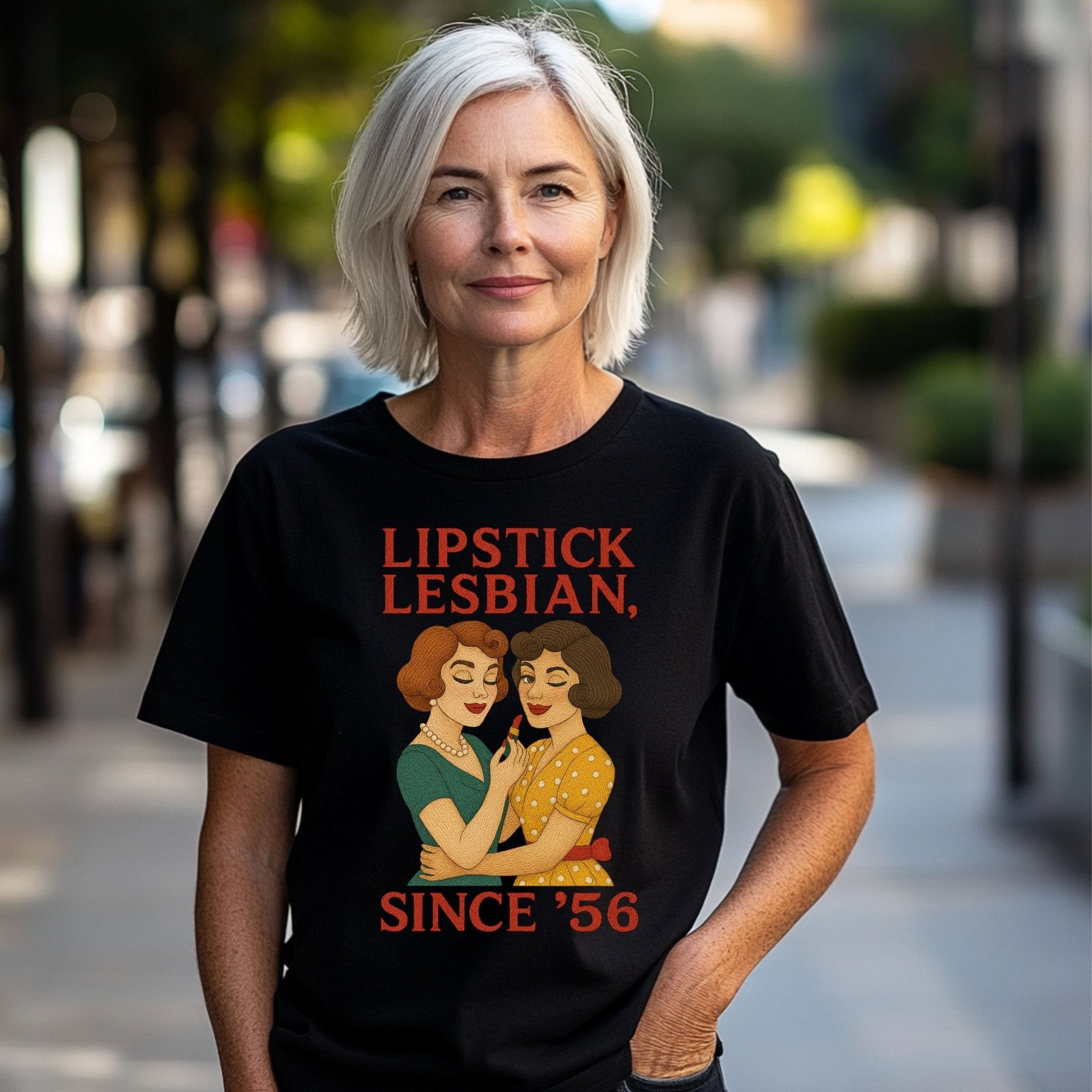 Lipstick Lesbian Since ’56 Tee, Retro Femme T-Shirt, 1950s Vintage Couple Design, Embroidered Style Lesbian Pride Top, Cottagecore Shirt - Craig Michael Design