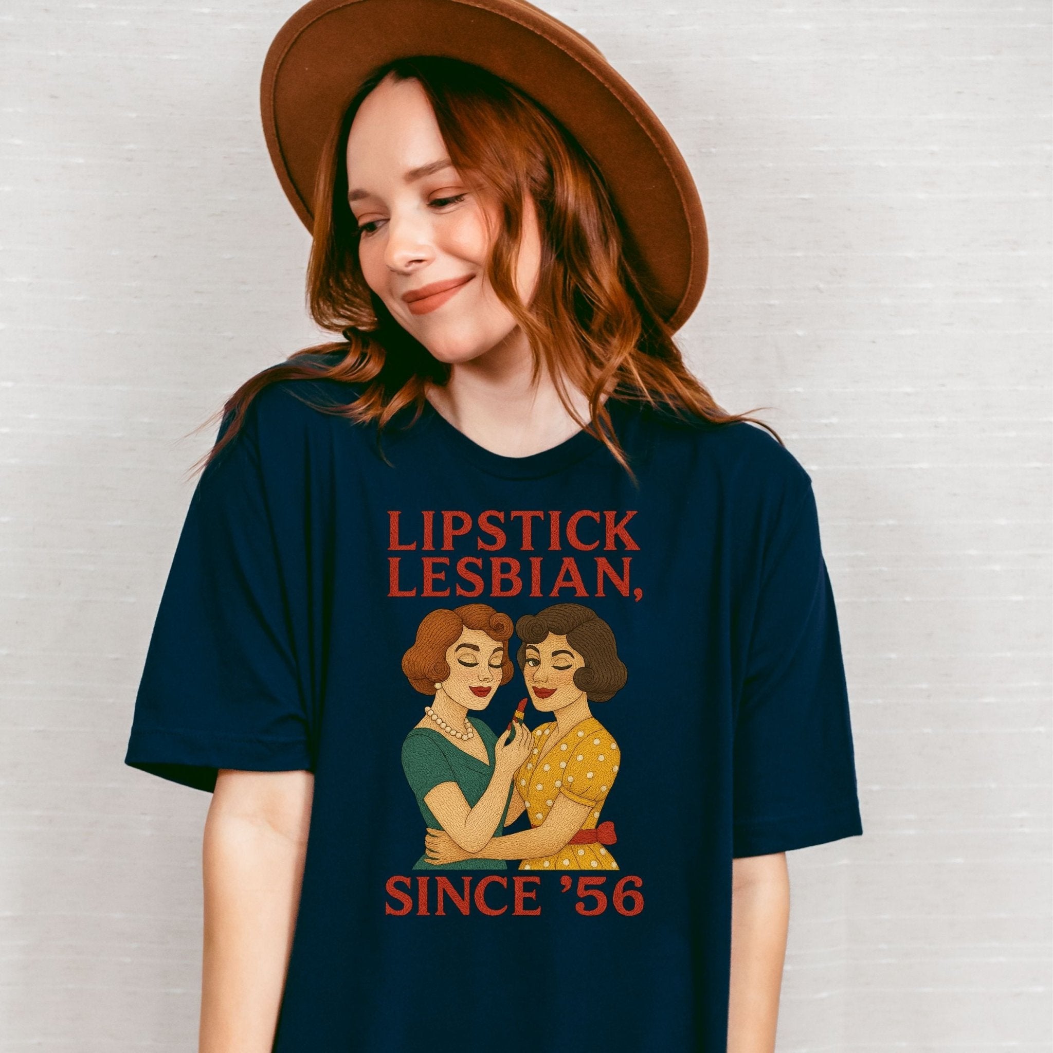 Lipstick Lesbian Since ’56 Tee, Retro Femme T-Shirt, 1950s Vintage Couple Design, Embroidered Style Lesbian Pride Top, Cottagecore Shirt - Craig Michael Design