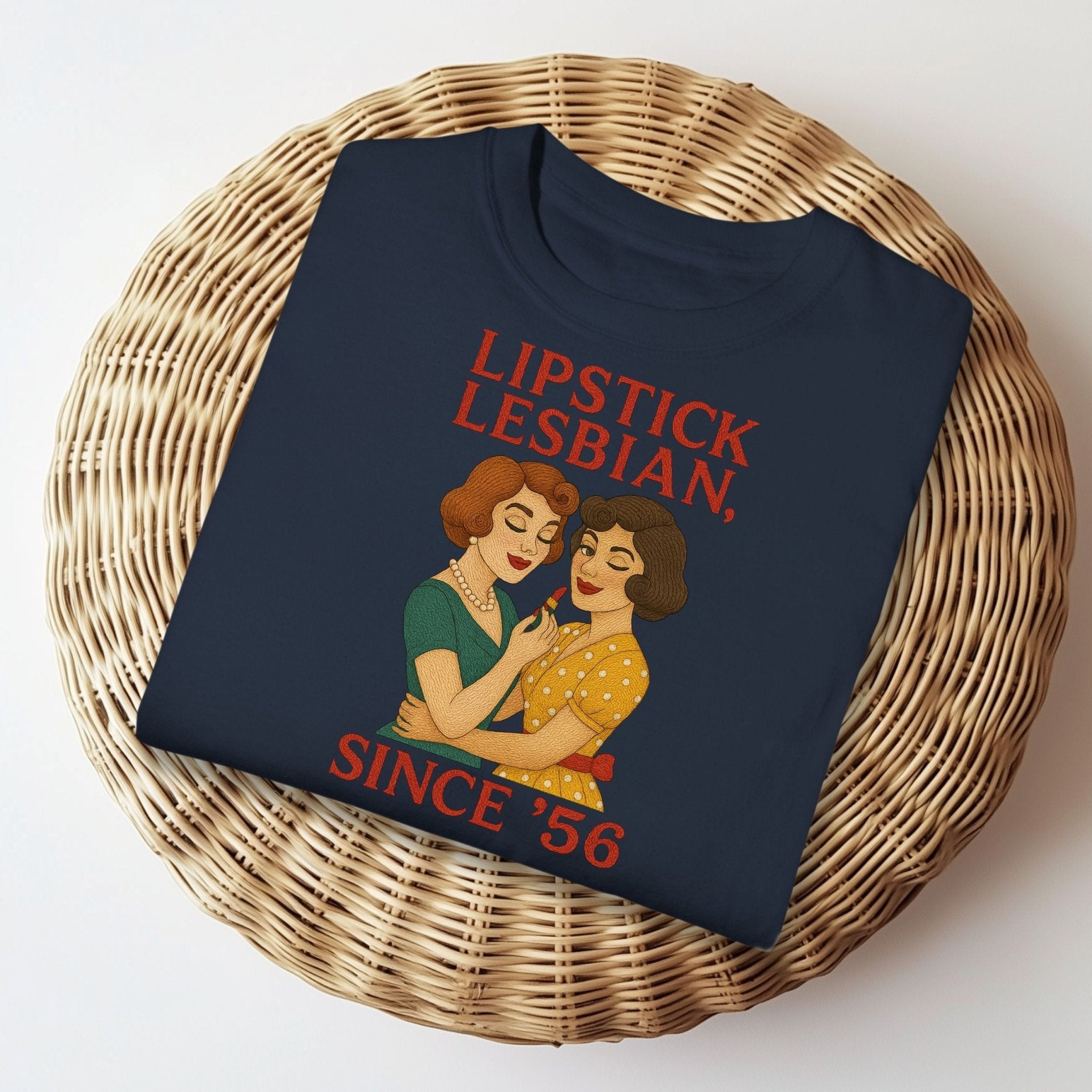 Lipstick Lesbian Since ’56 Tee, Retro Femme T-Shirt, 1950s Vintage Couple Design, Embroidered Style Lesbian Pride Top, Cottagecore Shirt - Craig Michael Design