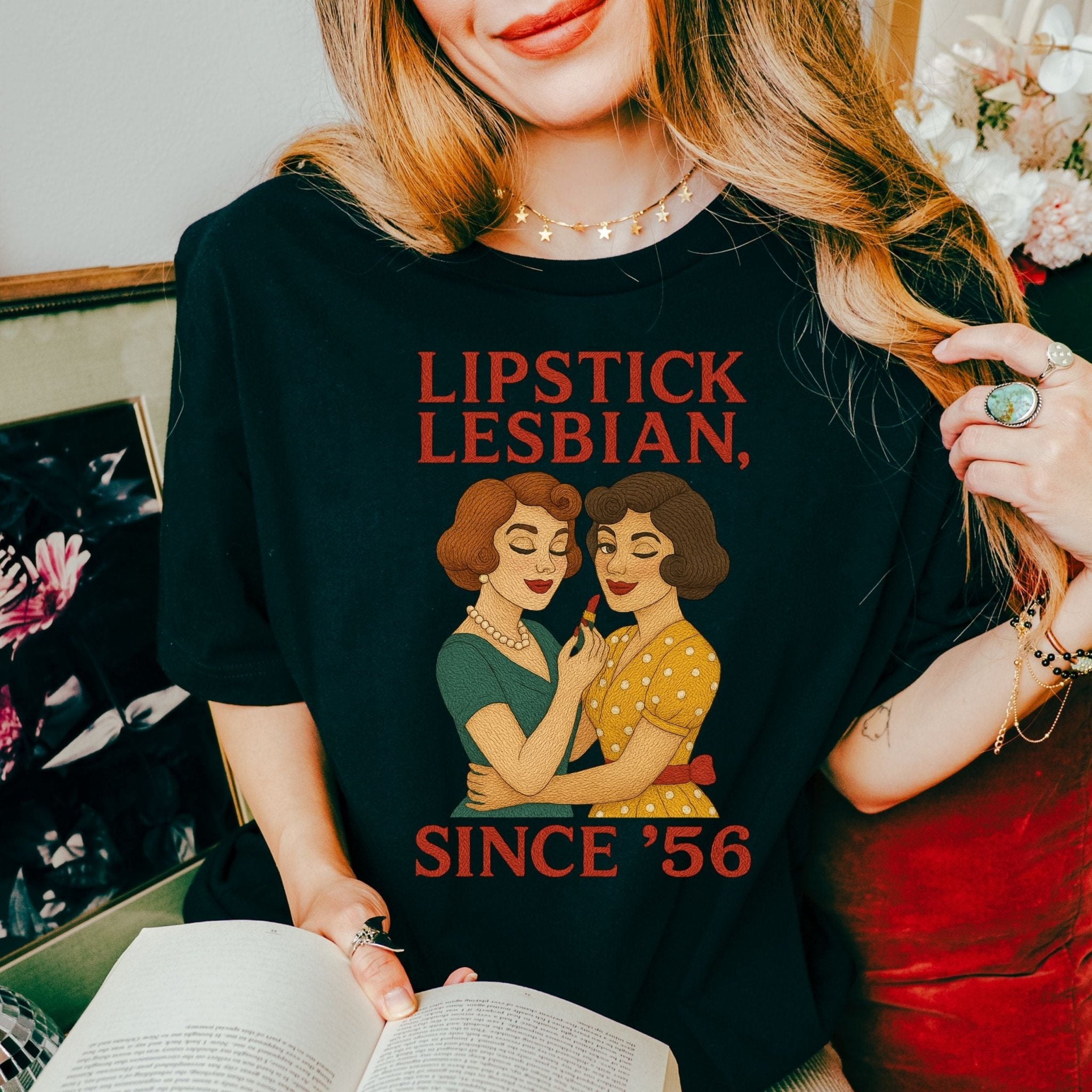 Lipstick Lesbian Since ’56 Tee, Retro Femme T-Shirt, 1950s Vintage Couple Design, Embroidered Style Lesbian Pride Top, Cottagecore Shirt - Craig Michael Design