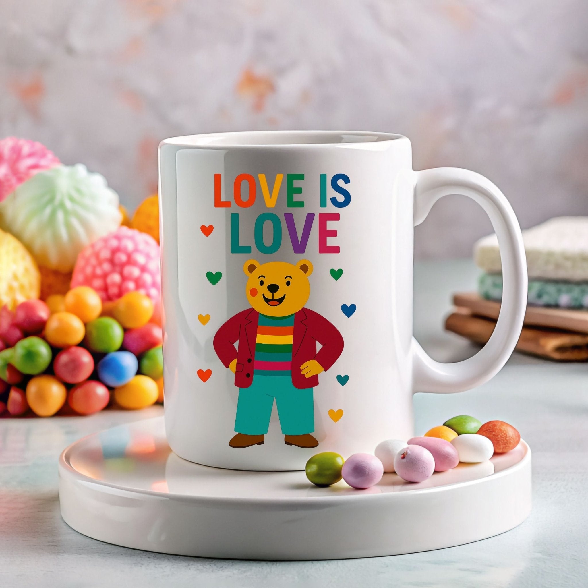 Love Is Love Gay Bear Mug, Cute LGBTQ Pride Coffee Cup, Rainbow Outfit Queer Gift, Funny Affirmation Mug for Him or Her - Craig Michael Design