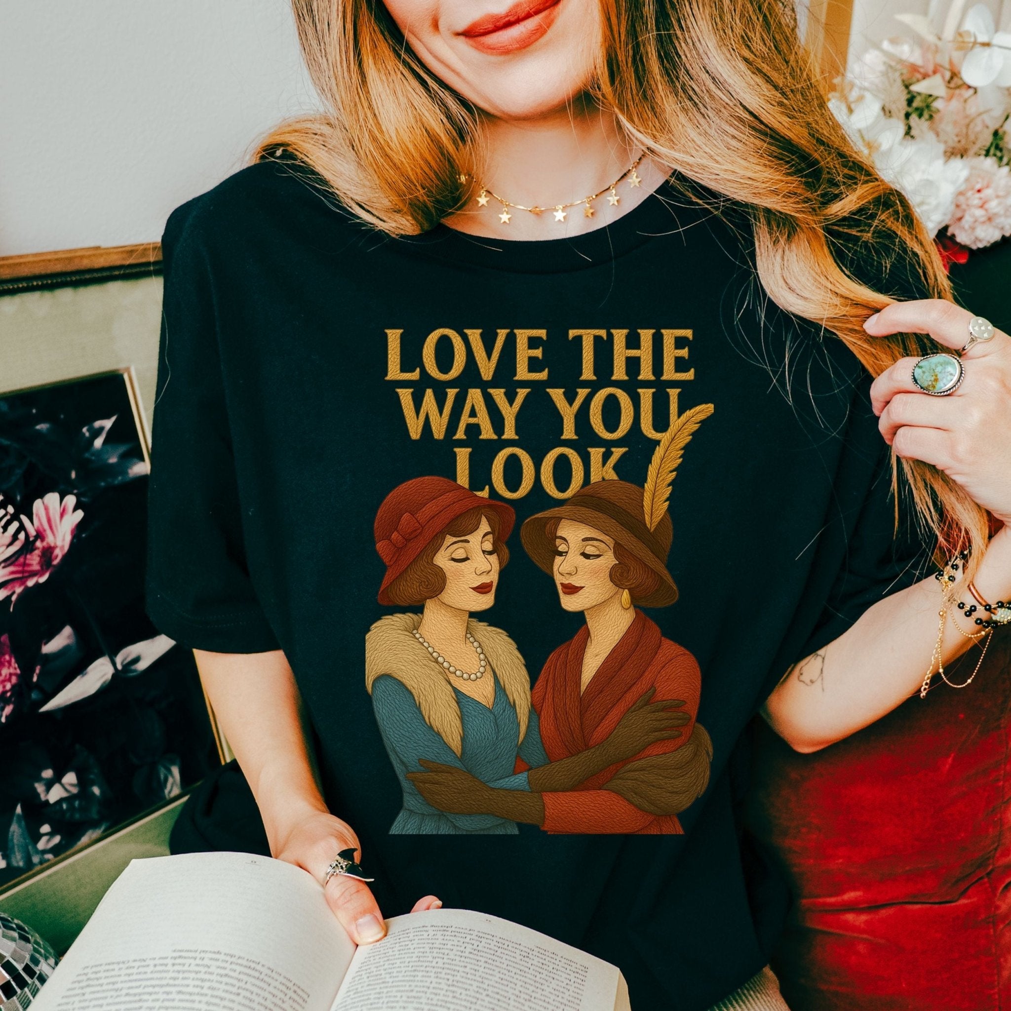 Love the Way You Look Tee, 1920s Lesbian Couple T-Shirt, Embroidered Style Queer Compliment Shirt, Vintage Romance Gift for Her - Craig Michael Design
