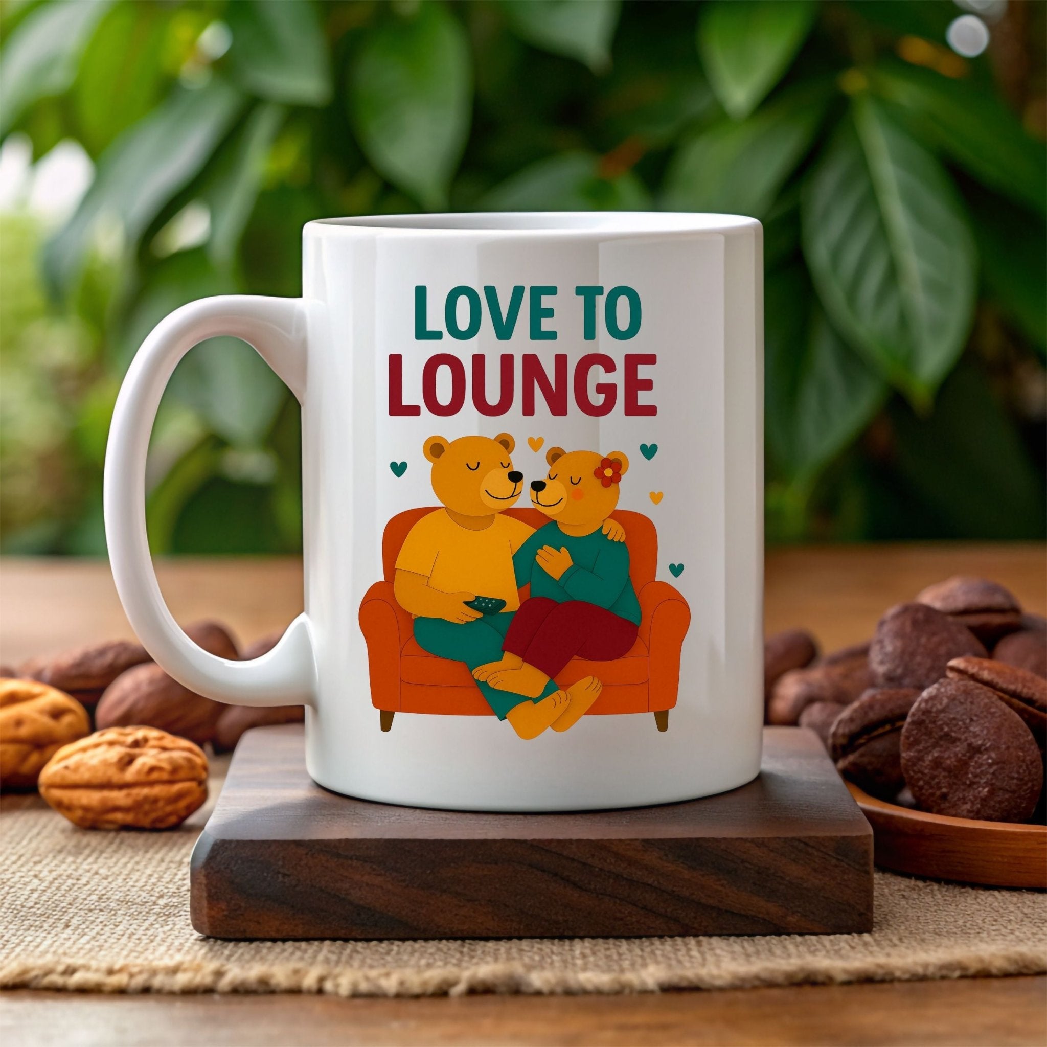 Love to Lounge Mug, Cute Gay Bear Couple Cup, Embroidered Style Cozy Gift for Him, Queer Romance Coffee Mug, Lazy Day Gay Gift - Craig Michael Design