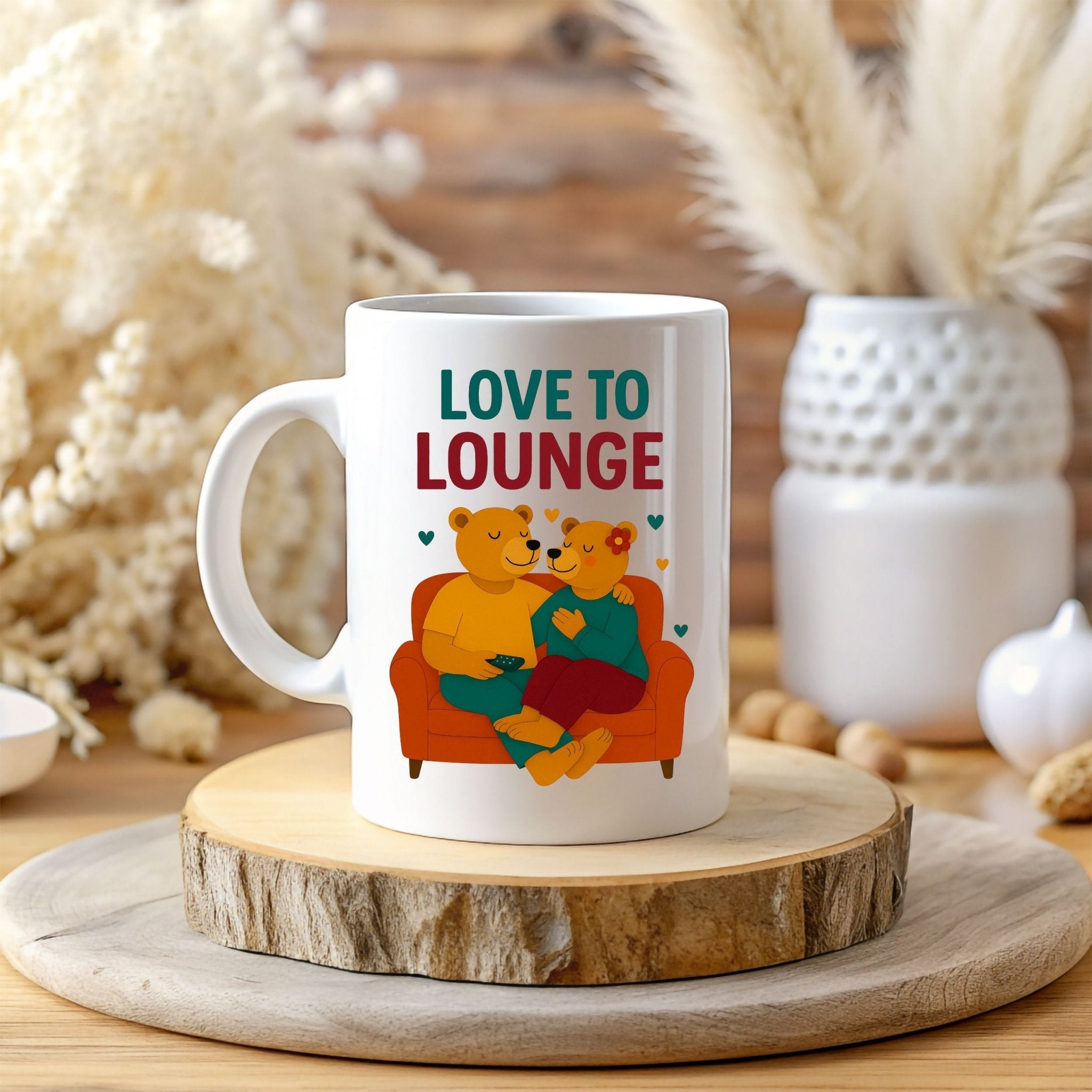 Love to Lounge Mug, Cute Gay Bear Couple Cup, Embroidered Style Cozy Gift for Him, Queer Romance Coffee Mug, Lazy Day Gay Gift - Craig Michael Design