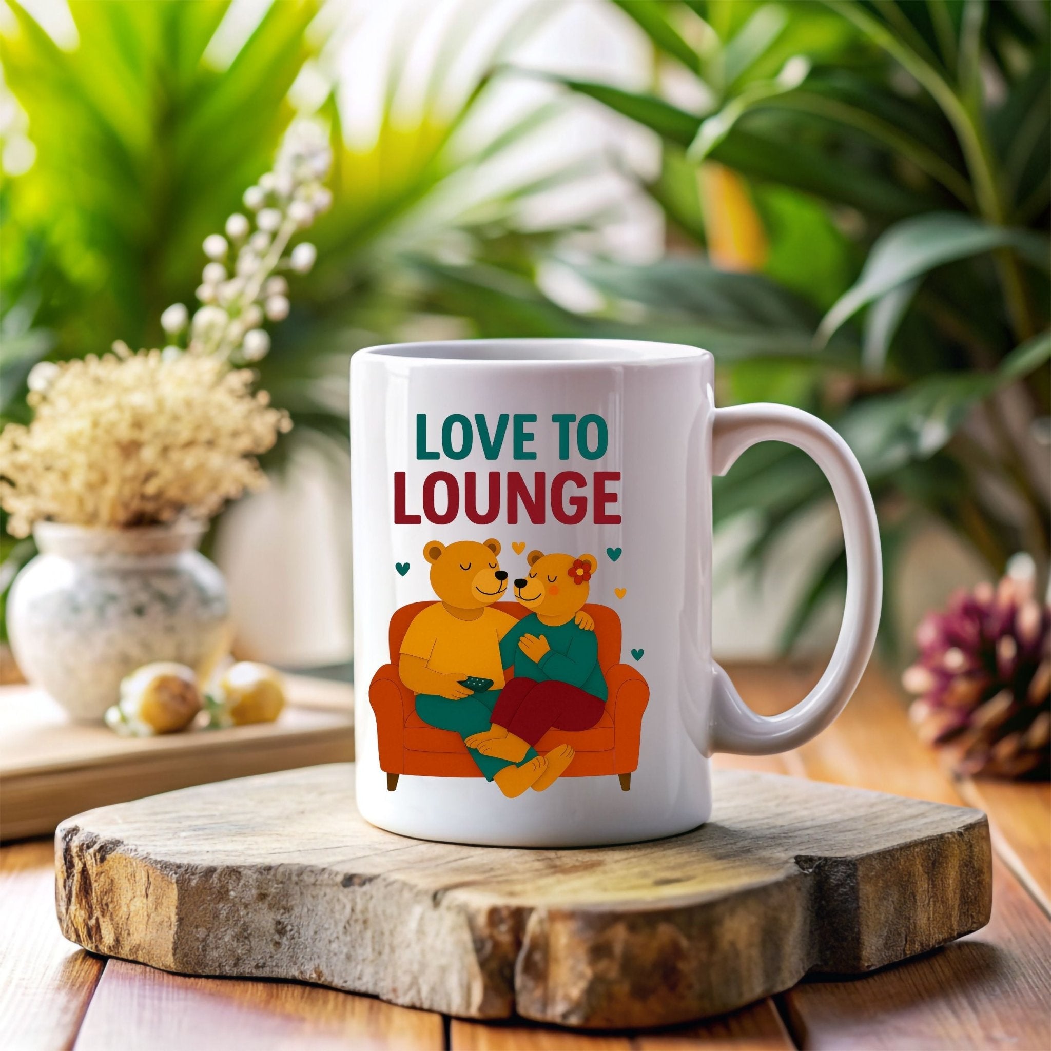 Love to Lounge Mug, Cute Gay Bear Couple Cup, Embroidered Style Cozy Gift for Him, Queer Romance Coffee Mug, Lazy Day Gay Gift - Craig Michael Design