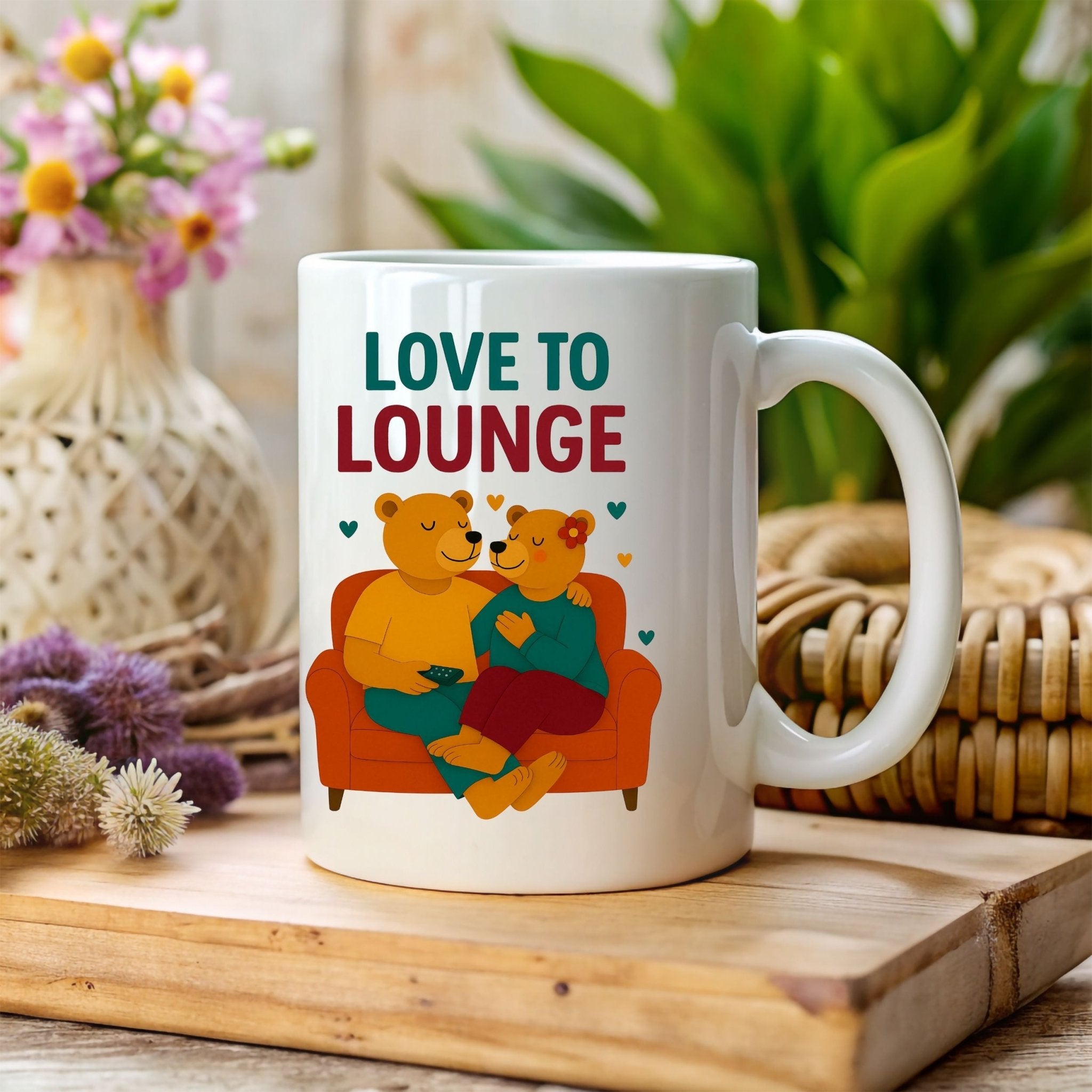 Love to Lounge Mug, Cute Gay Bear Couple Cup, Embroidered Style Cozy Gift for Him, Queer Romance Coffee Mug, Lazy Day Gay Gift - Craig Michael Design