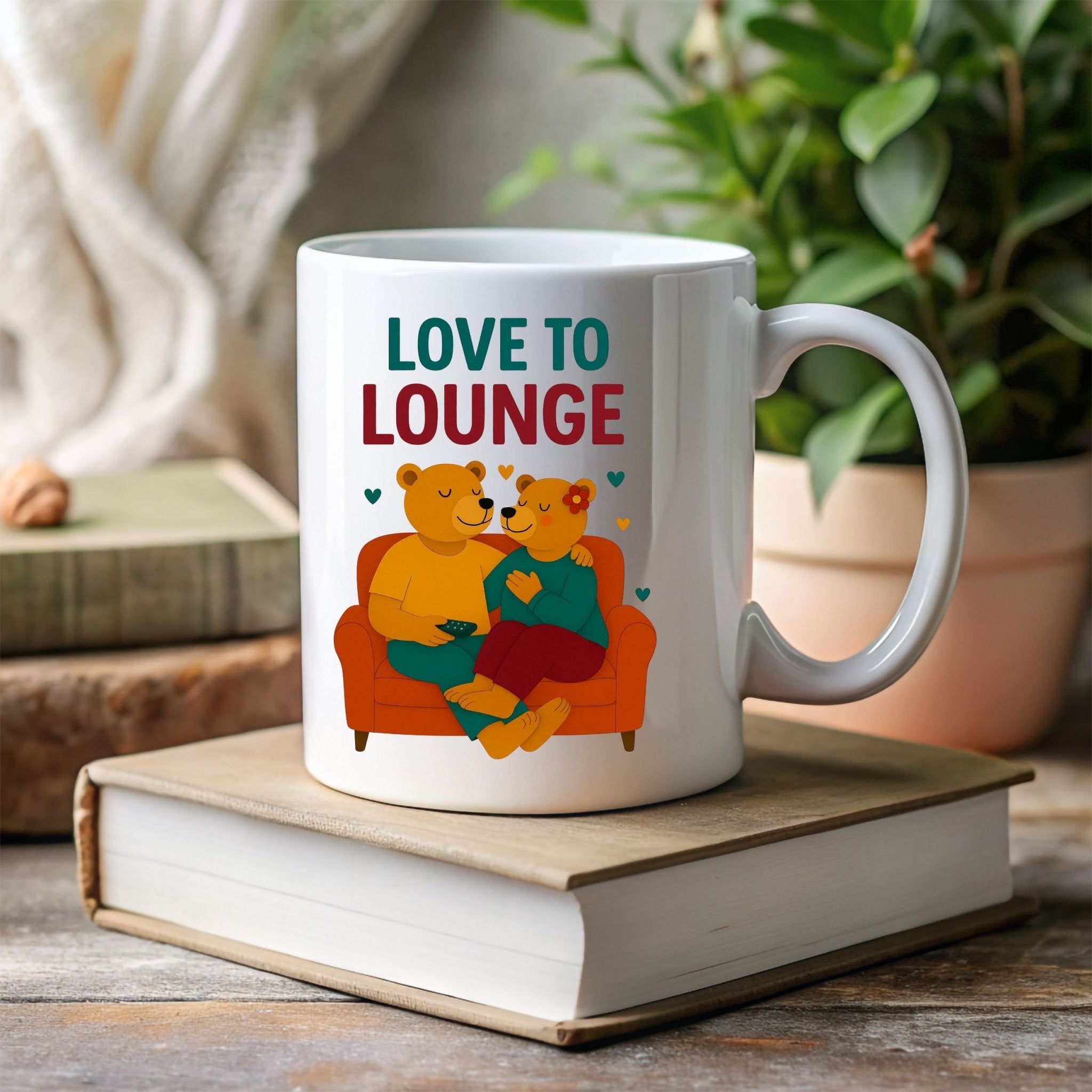 Love to Lounge Mug, Cute Gay Bear Couple Cup, Embroidered Style Cozy Gift for Him, Queer Romance Coffee Mug, Lazy Day Gay Gift - Craig Michael Design
