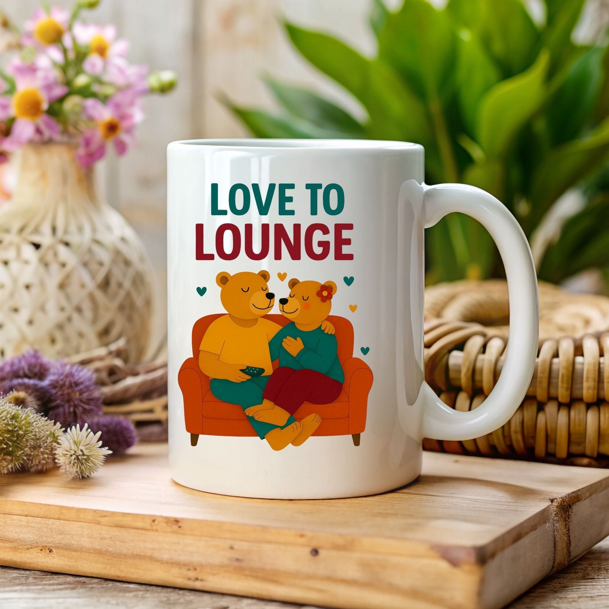 Love to Lounge Mug, Cute Gay Bear Couple Cup, Embroidered Style Cozy Gift for Him, Queer Romance Coffee Mug, Lazy Day Gay Gift - Craig Michael Design