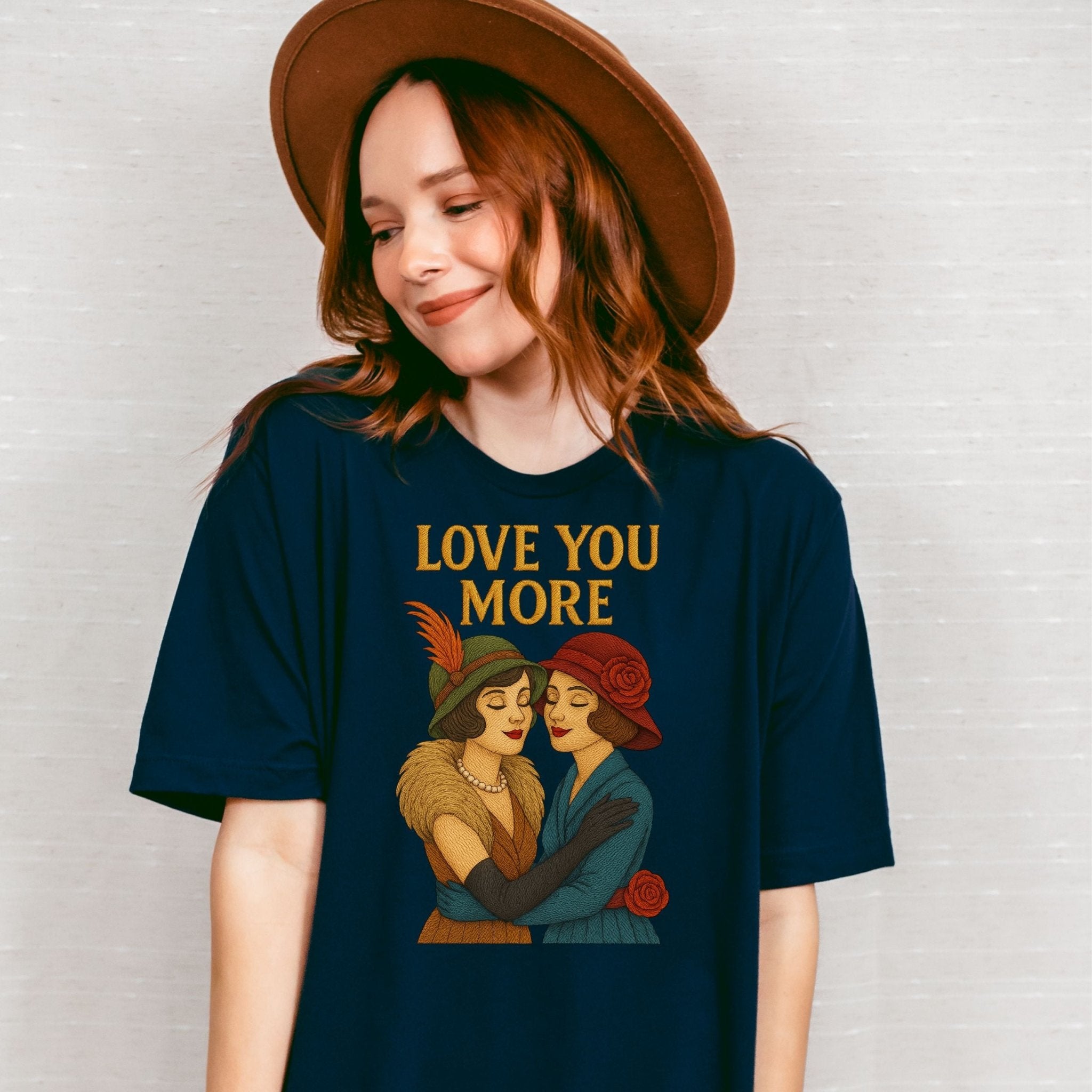 Love You More Tee, Vintage Lesbian Couple T-Shirt, Embroidered Style Romantic Queer Gift, Sapphic Pride Shirt for Her - Craig Michael Design
