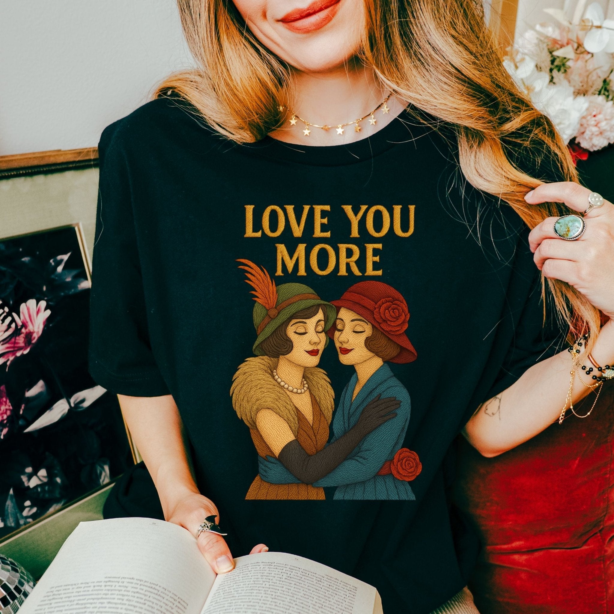 Love You More Tee, Vintage Lesbian Couple T-Shirt, Embroidered Style Romantic Queer Gift, Sapphic Pride Shirt for Her - Craig Michael Design