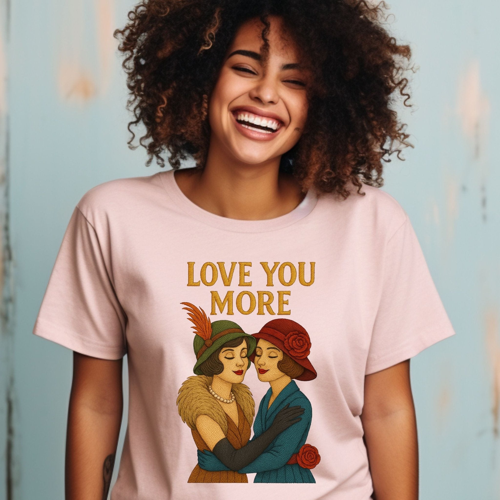 Love You More Tee, Vintage Lesbian Couple T-Shirt, Embroidered Style Romantic Queer Gift, Sapphic Pride Shirt for Her - Craig Michael Design