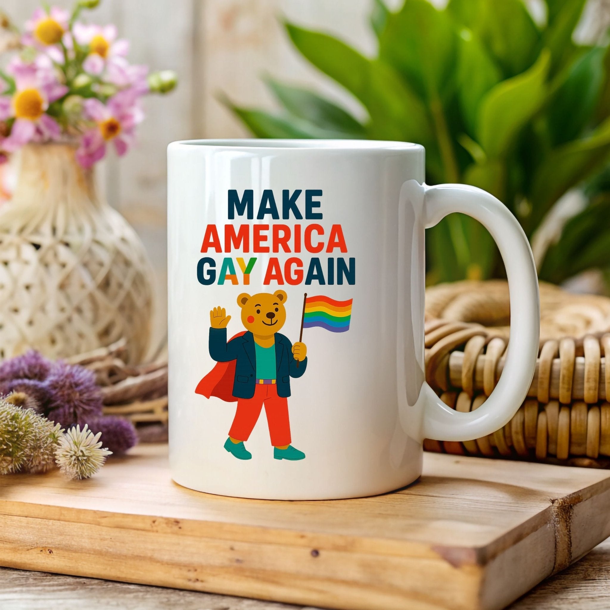 Make America Gay Again Mug, Funny Pride Coffee Cup, Embroidered Style Gay Bear Design, LGBTQ Gift for Him or Her - Craig Michael Design