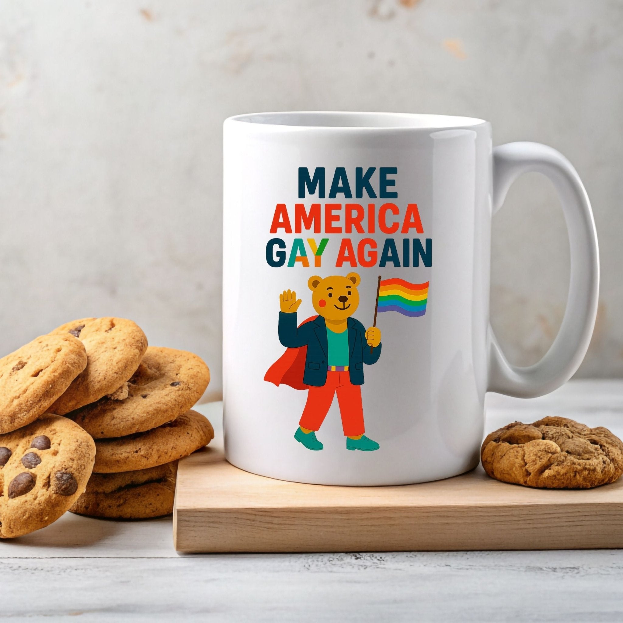 Make America Gay Again Mug, Funny Pride Coffee Cup, Embroidered Style Gay Bear Design, LGBTQ Gift for Him or Her - Craig Michael Design