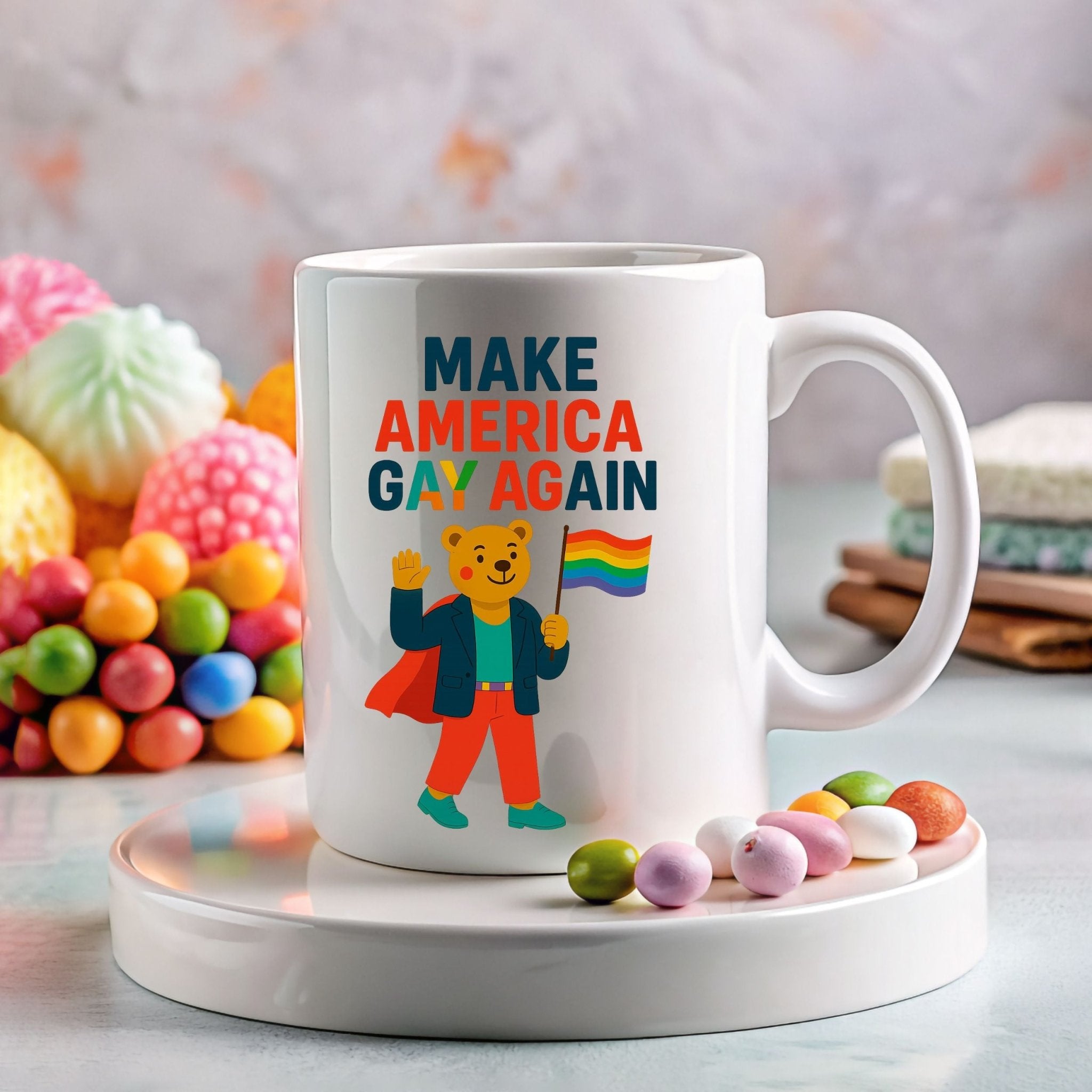 Make America Gay Again Mug, Funny Pride Coffee Cup, Embroidered Style Gay Bear Design, LGBTQ Gift for Him or Her - Craig Michael Design