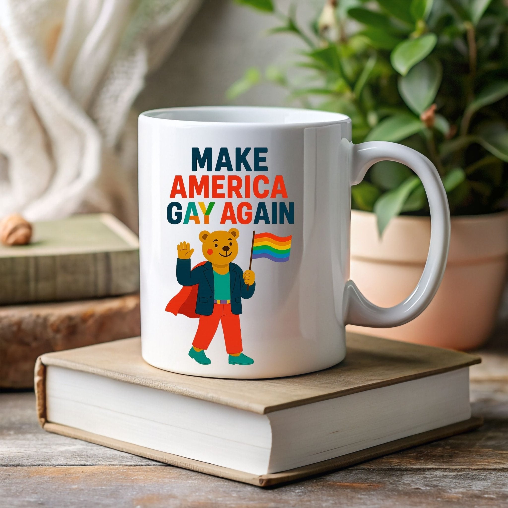 Make America Gay Again Mug, Funny Pride Coffee Cup, Embroidered Style Gay Bear Design, LGBTQ Gift for Him or Her - Craig Michael Design