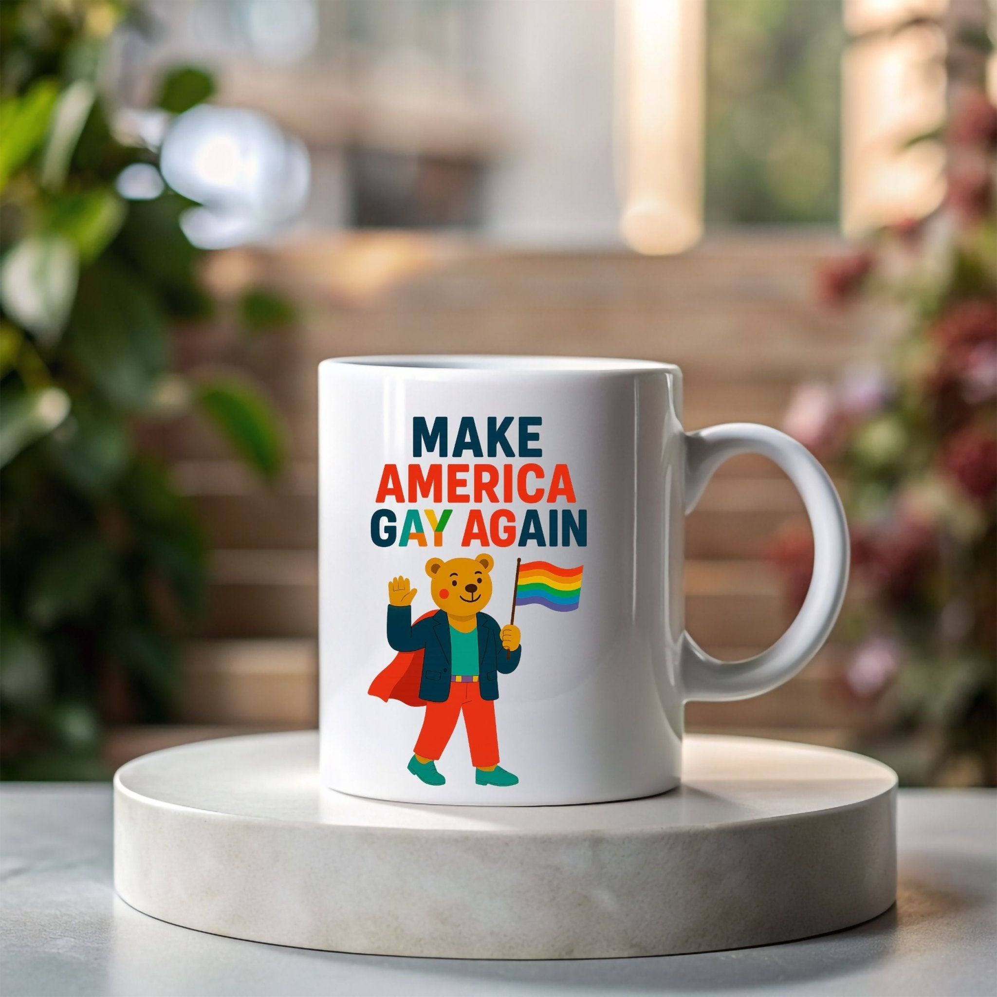 Make America Gay Again Mug, Funny Pride Coffee Cup, Embroidered Style Gay Bear Design, LGBTQ Gift for Him or Her - Craig Michael Design