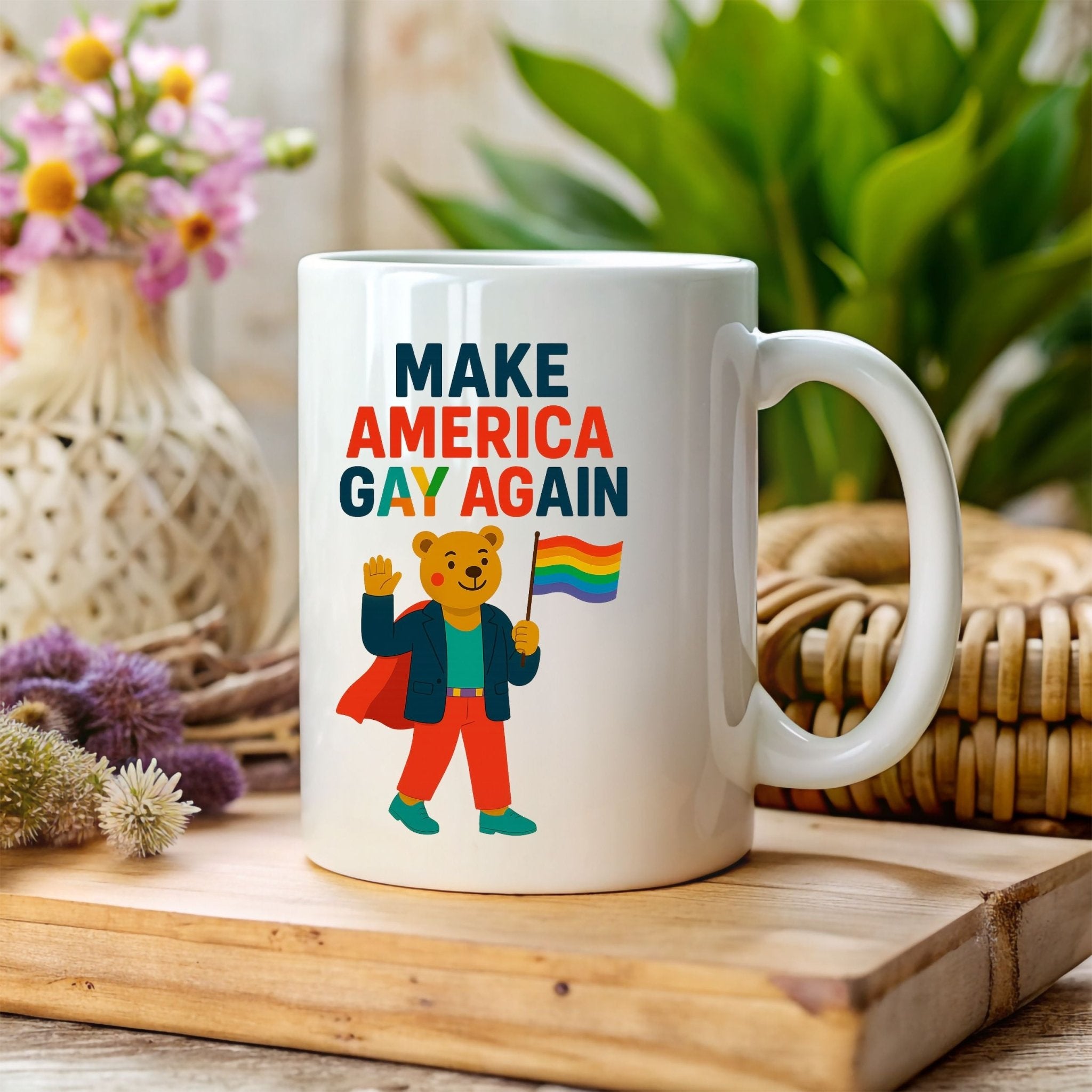Make America Gay Again Mug, Funny Pride Coffee Cup, Embroidered Style Gay Bear Design, LGBTQ Gift for Him or Her - Craig Michael Design