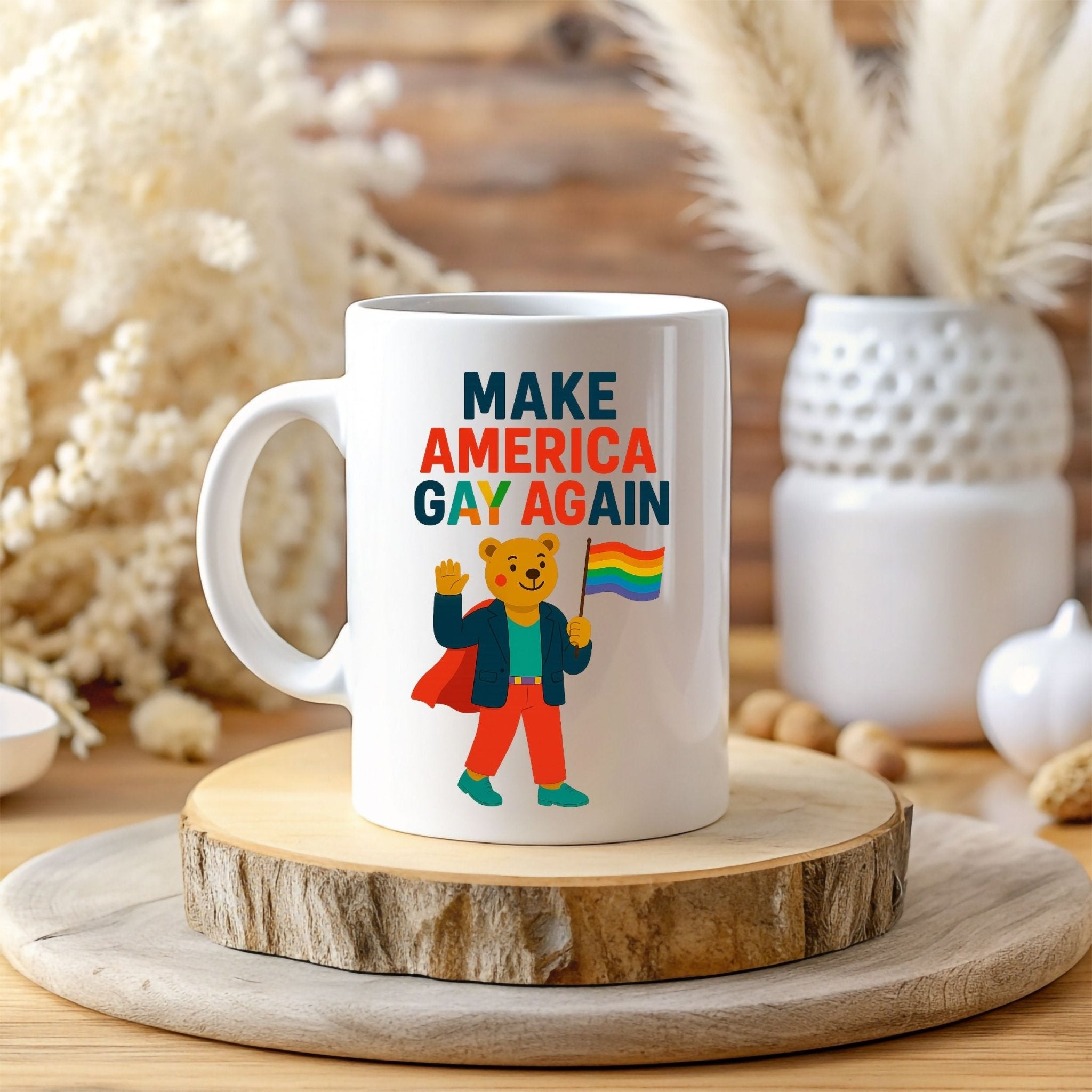 Make America Gay Again Mug, Funny Pride Coffee Cup, Embroidered Style Gay Bear Design, LGBTQ Gift for Him or Her - Craig Michael Design